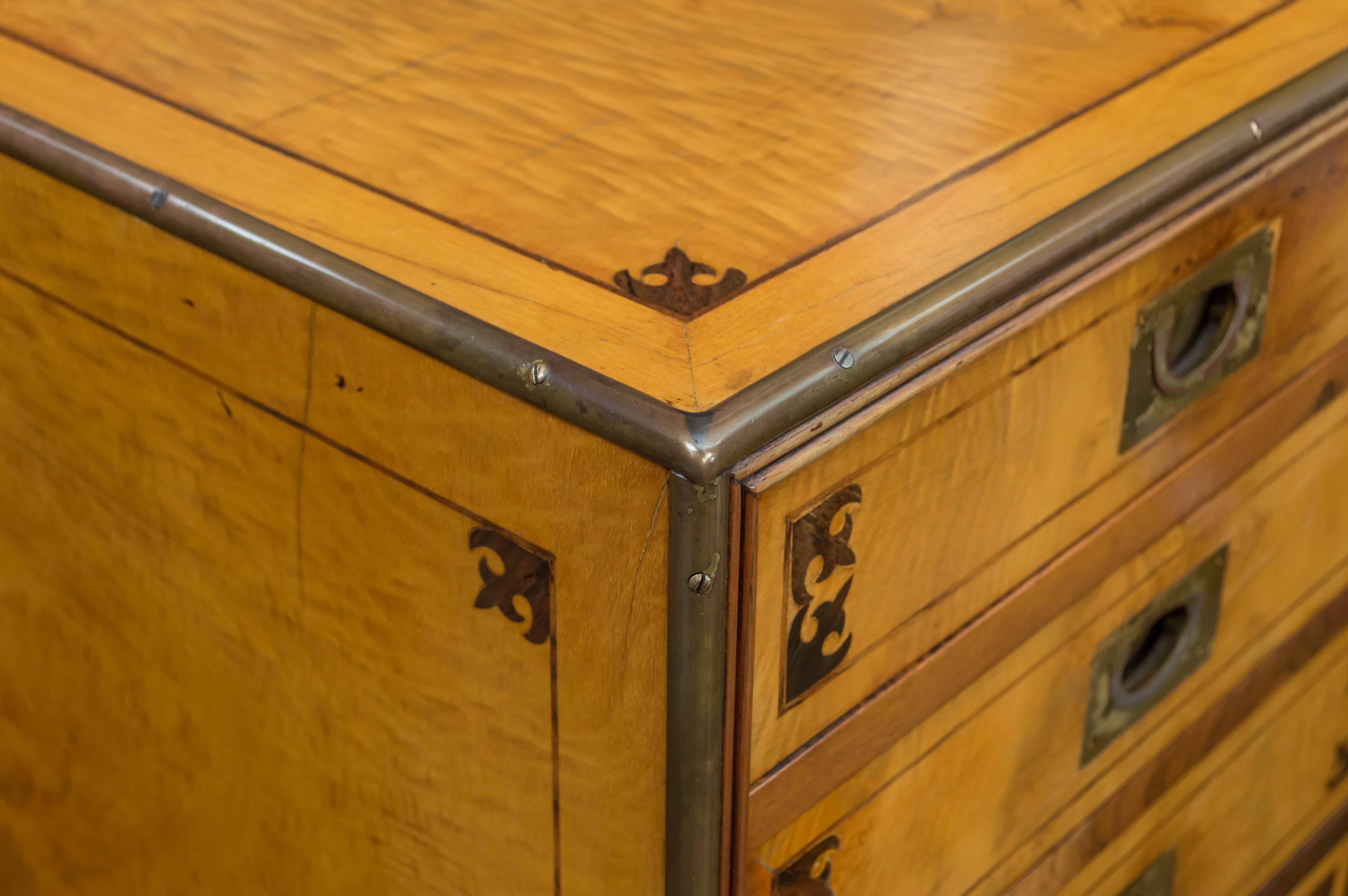 Satin Figured Birchwood Campaign Style Chest of Seven Drawers In Good Condition In San Francisco, CA