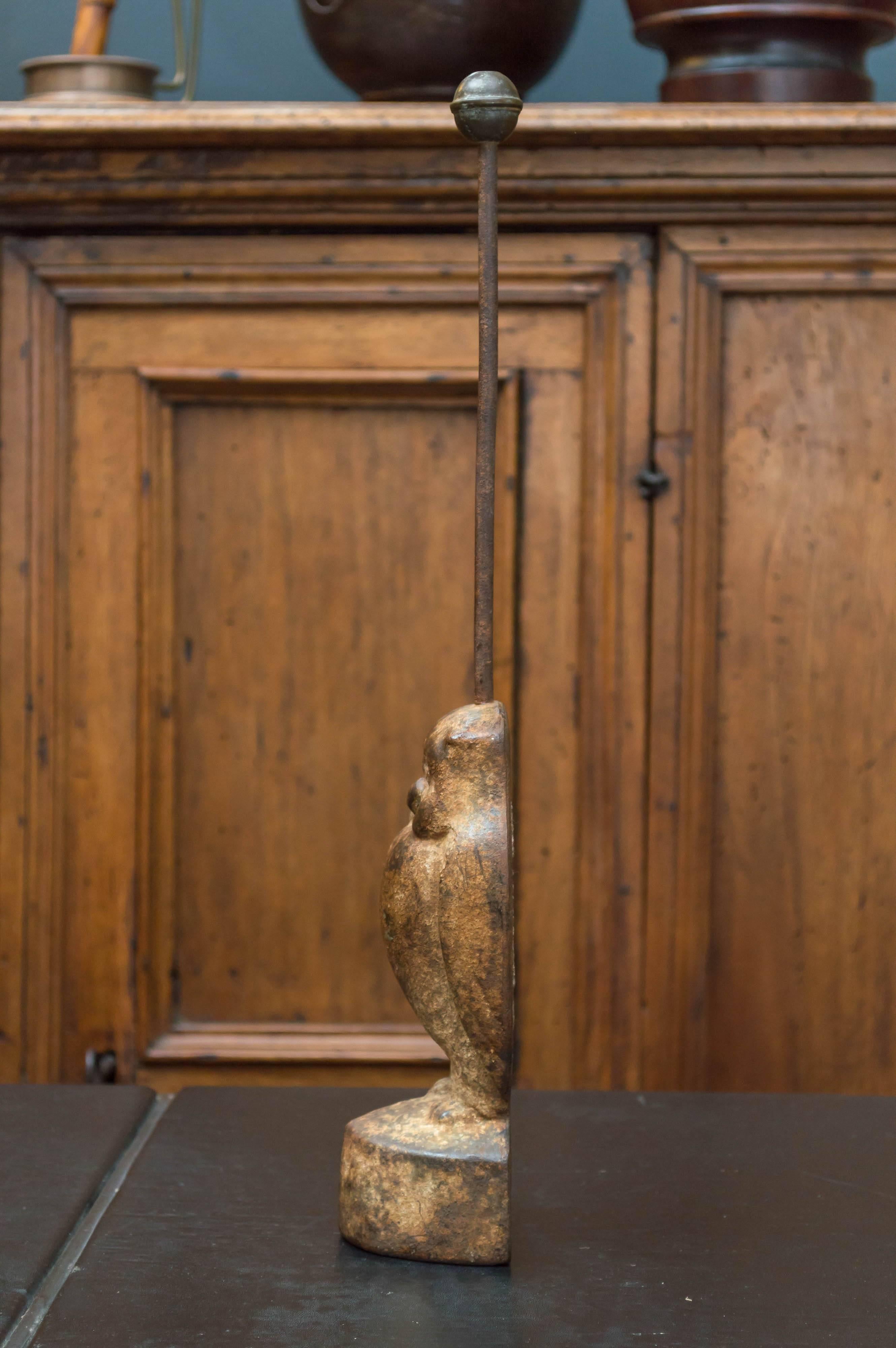 Rustic Late 19th Century Cast Iron Owl Door Stop with a Brass Knobbed Standard
