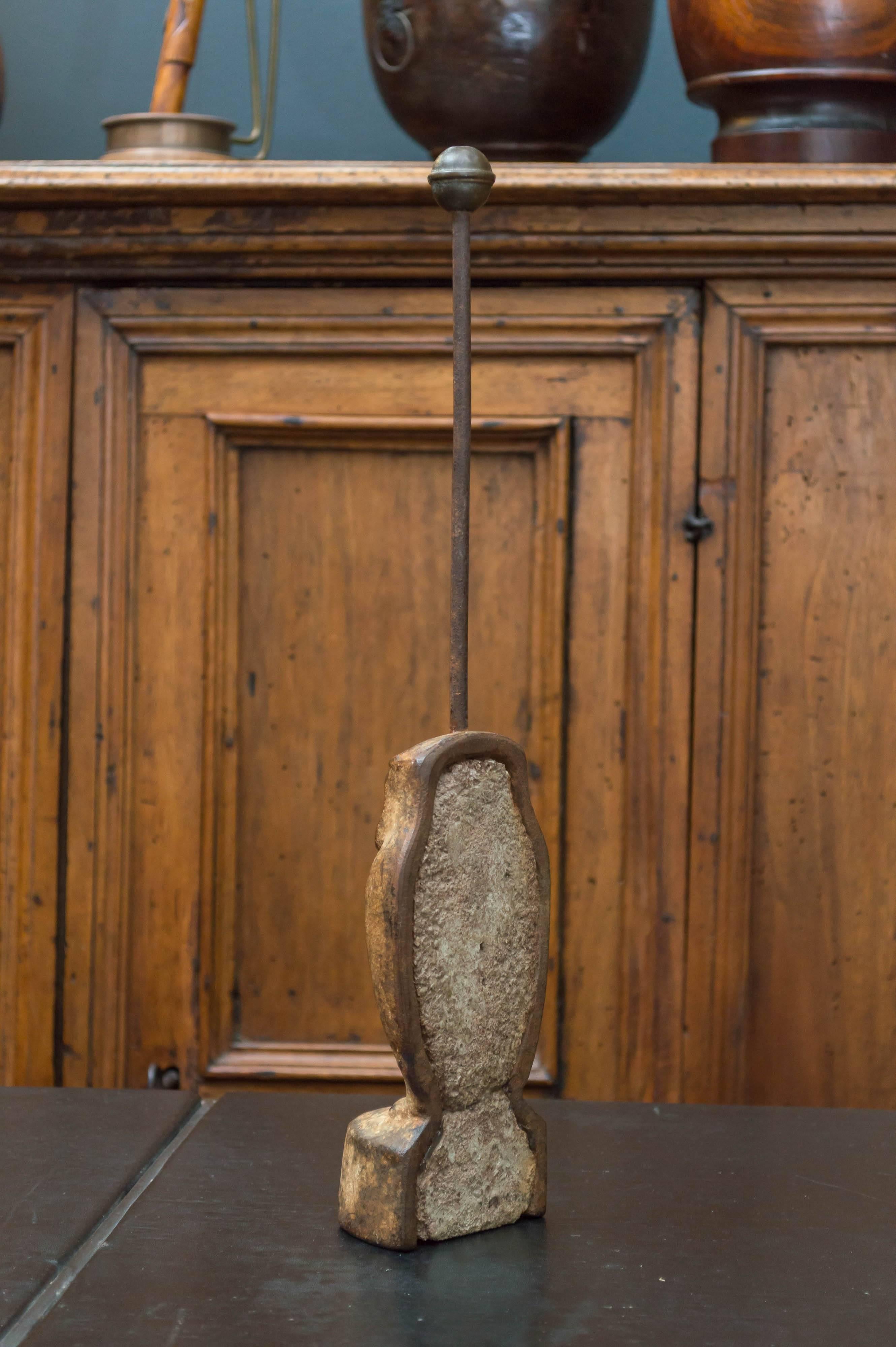 American Late 19th Century Cast Iron Owl Door Stop with a Brass Knobbed Standard