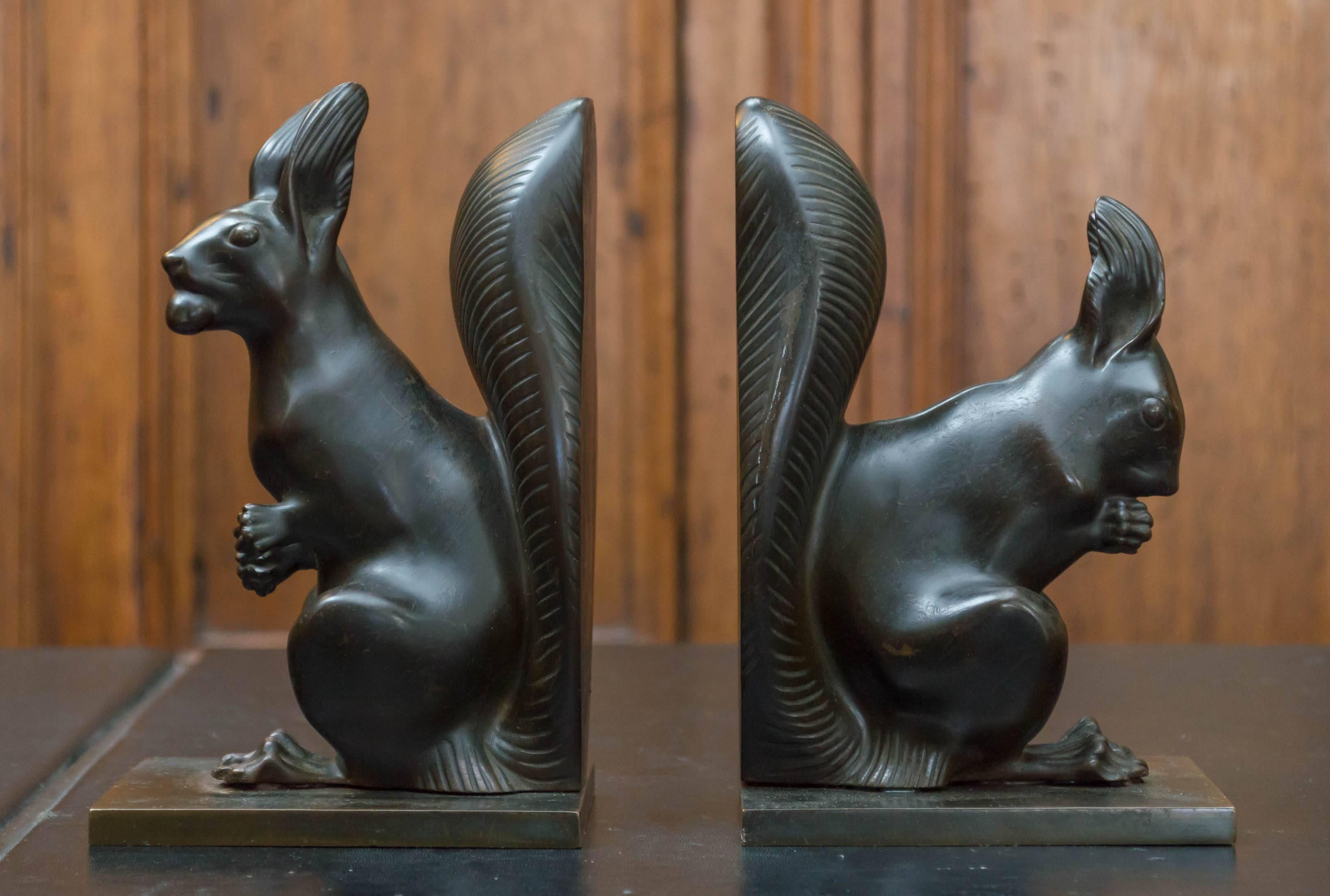 Cast Animated Pair of Austrian Art Deco Bronze Squirrel Bookends, circa 1925