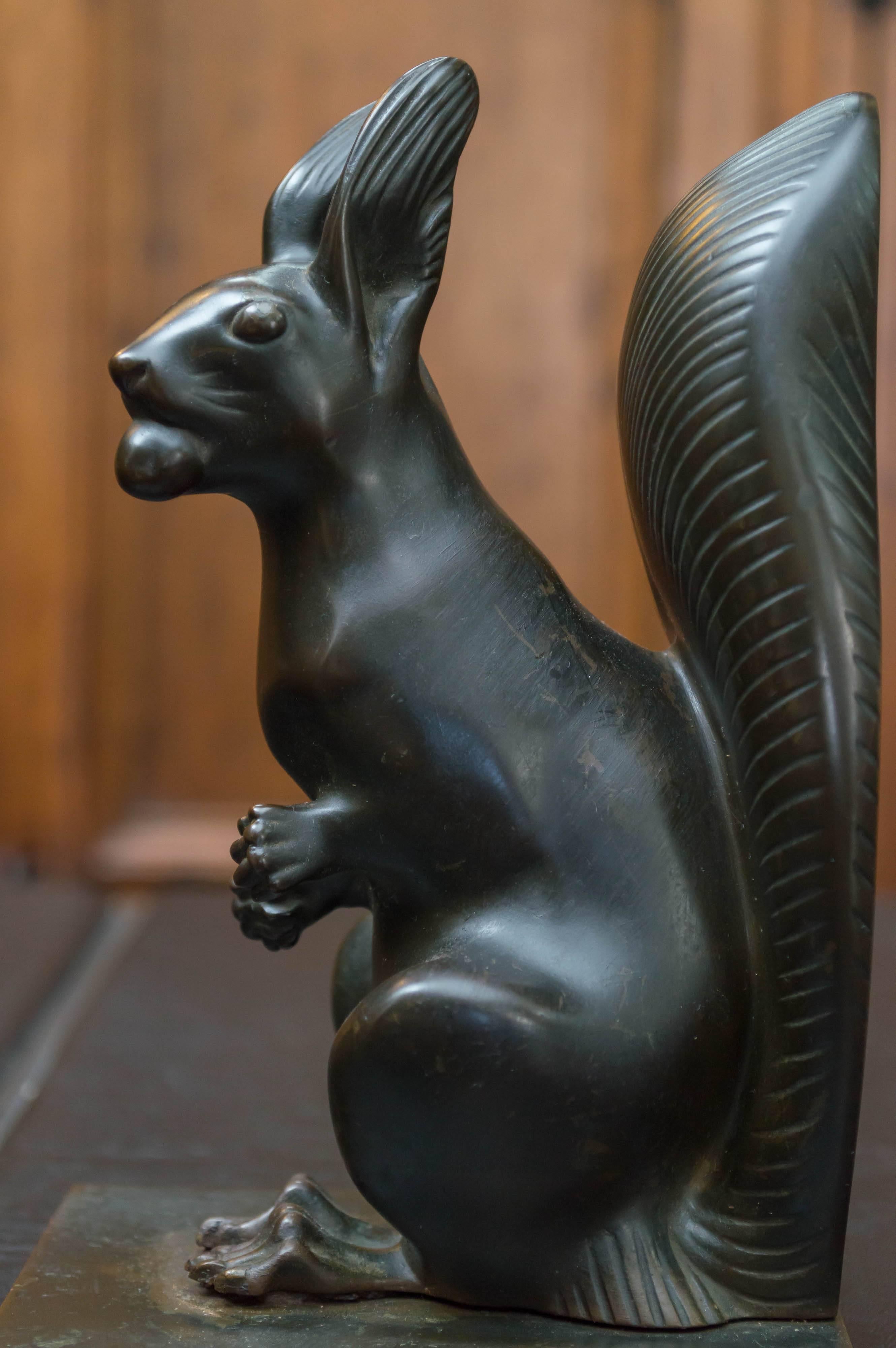Cast Animated Pair of Austrian Art Deco Bronze Squirrel Bookends, circa 1925