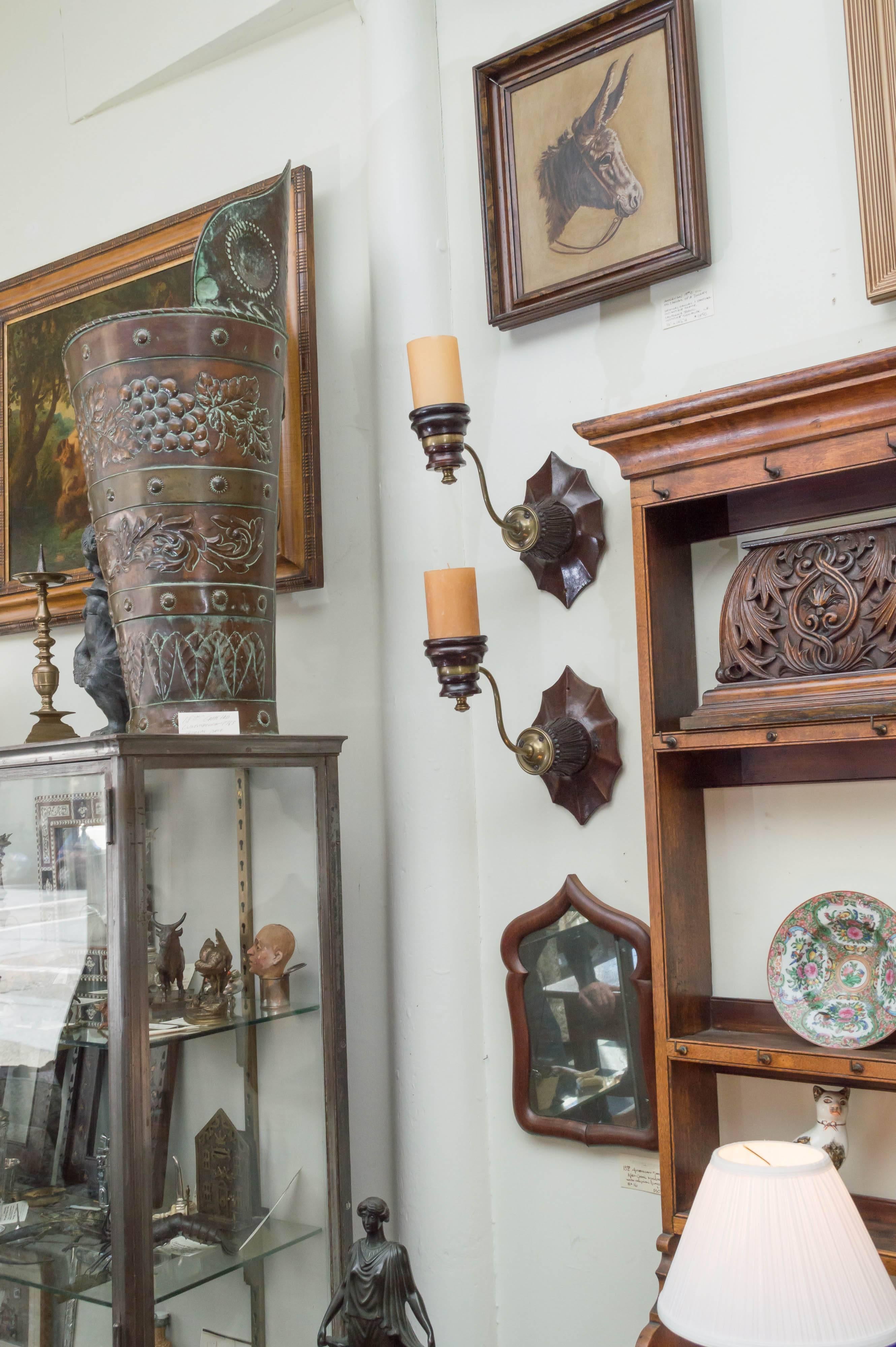 Pair of 19th century Anglo Indian wall sconces / candleholders, circa 1860-1880
Carved Paduk, (Rosewood) and cast brass arms. Fitted with later candle cups.
Retaining the original iron hanger bars and screws in the backs. These could be