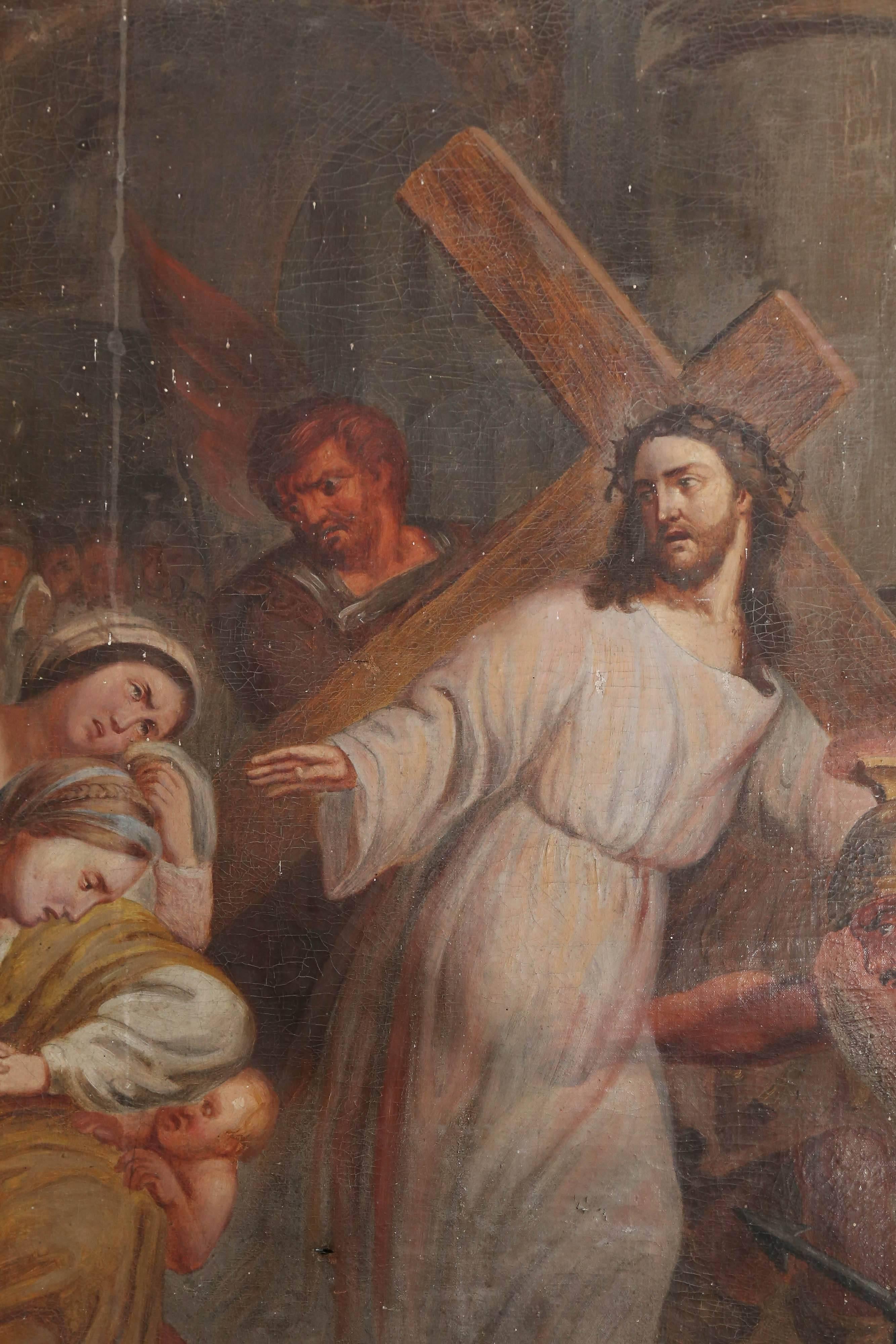Recently discovered in Europe, part of three heavily distressed religious art pieces featuring Jesus Christ that came from the same estate. Measures: 32