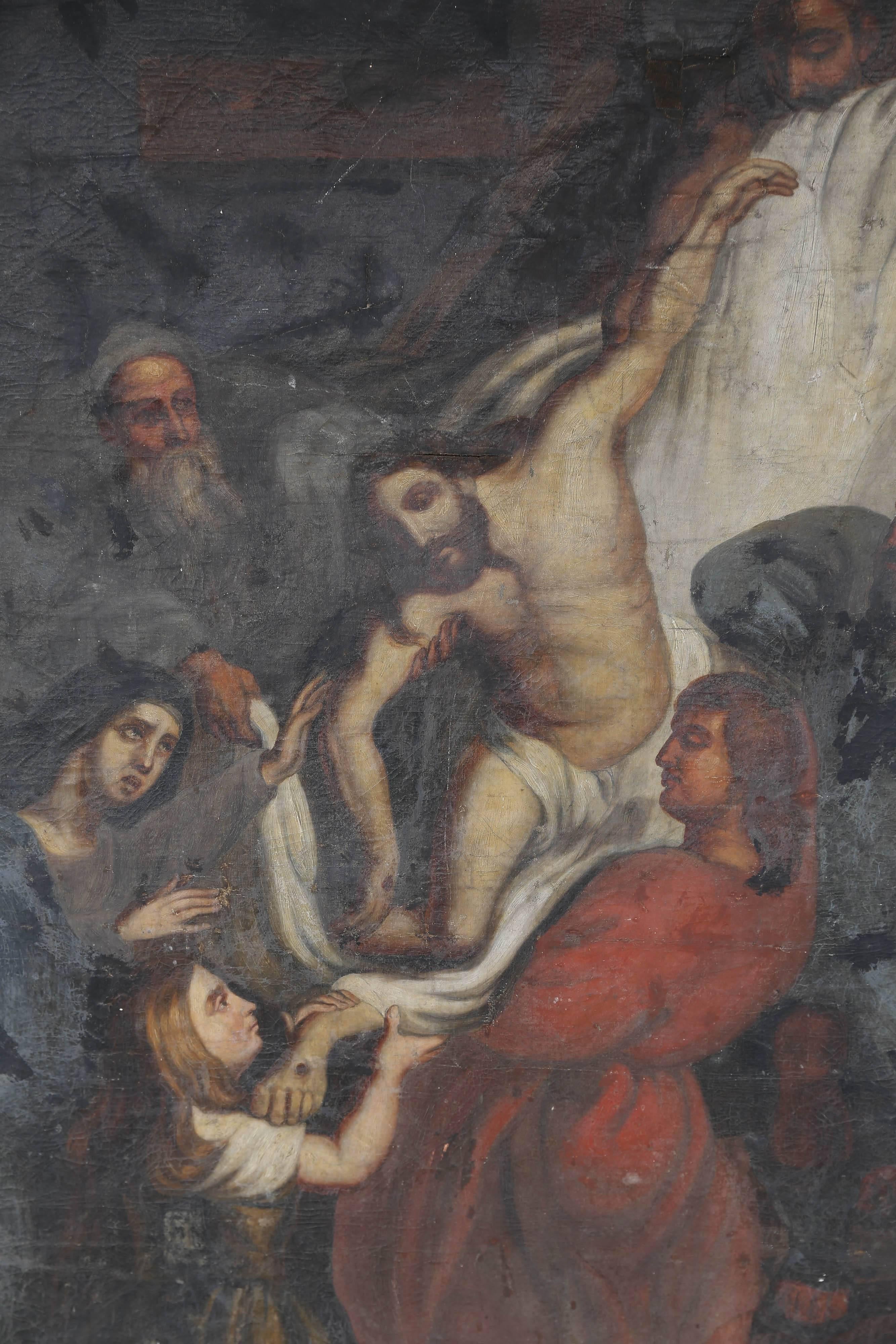 Recently discovered in Europe, part of three heavily distressed art pieces that came from the same estate. Measures: 35.5" H x 26.75" W x 1" D.