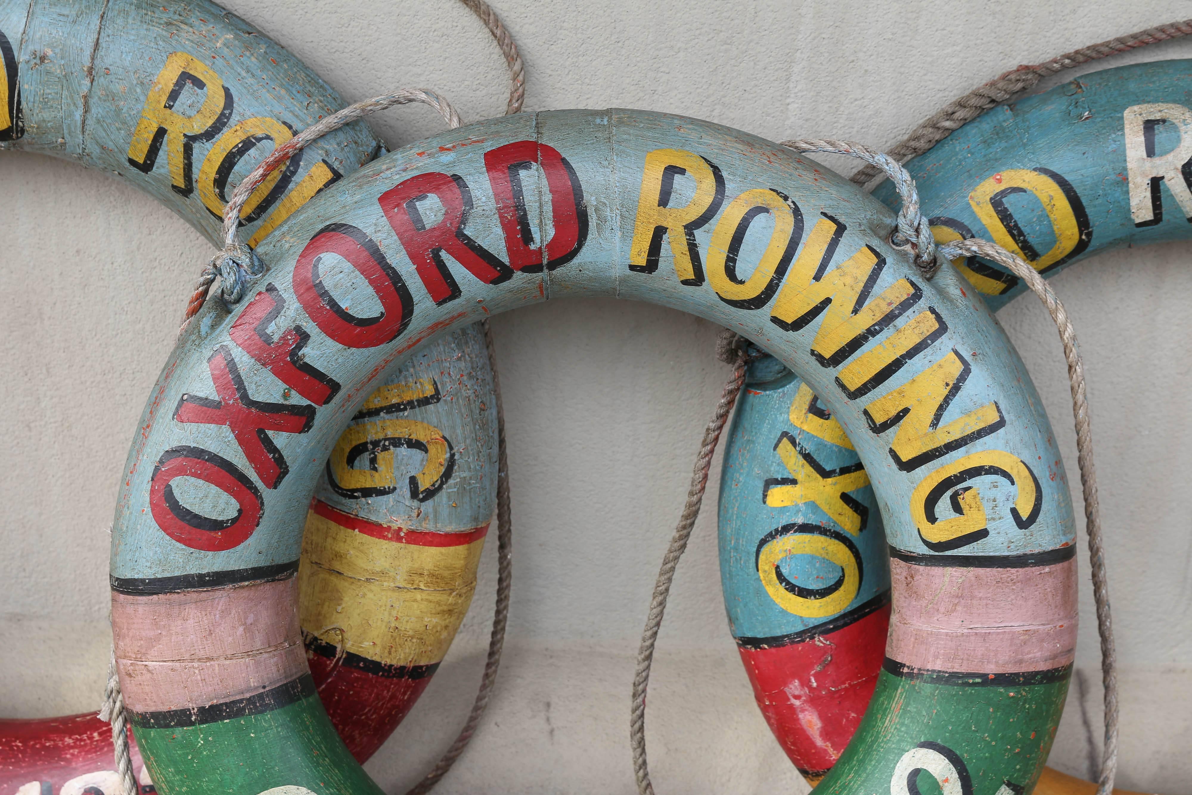 Recently discovered in Europe, we love these Oxford Rowing Club painted life preserver ring buoys. Currently just two available and price is per piece and is an actual buoy.

Measurements by item are as follows:
Blue and red preserver is 30"