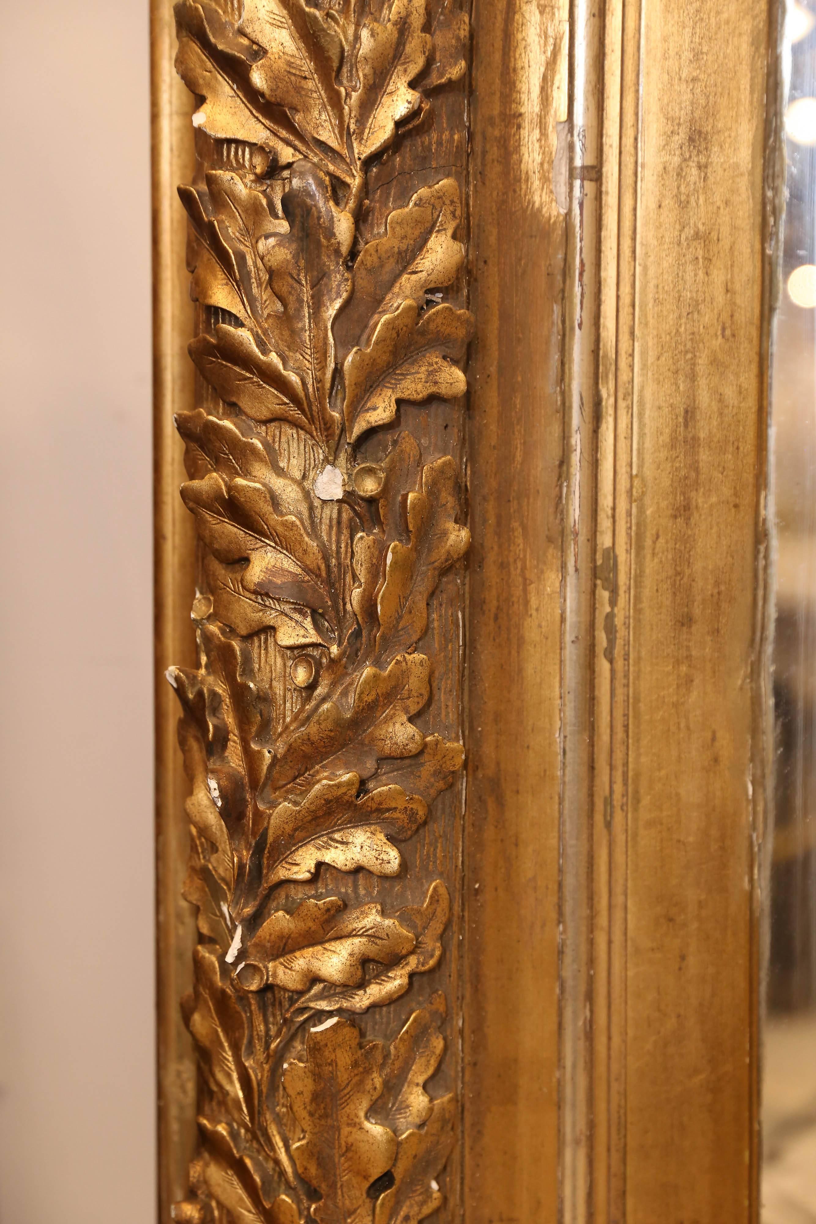 Large Antique French Carved Gilt Floor Mirror with Oak Leaf Detail In Good Condition In Houston, TX