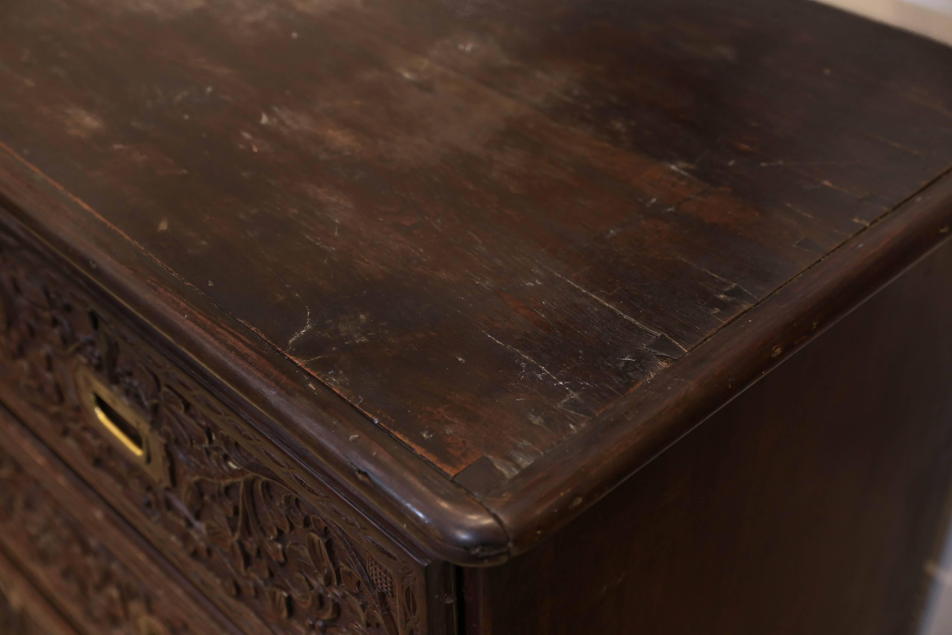 Discovered during our recent time in Europe, we fell in love with this large-scale exquisitely carved English Edwardian chest of drawers made from palisander rosewood with brass pull detail. Dates to the early to mid-1800s and is considered a