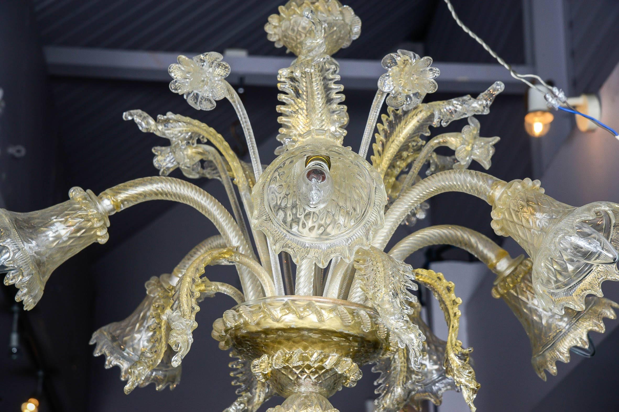 Italian Chandelier in Gold and Transparent Murano Glass with Six Lights