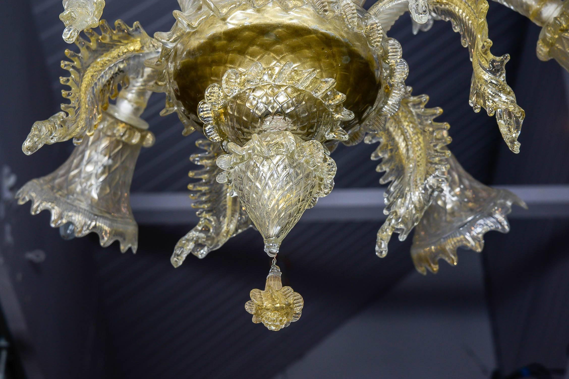 Chandelier in Gold and Transparent Murano Glass with Six Lights 1