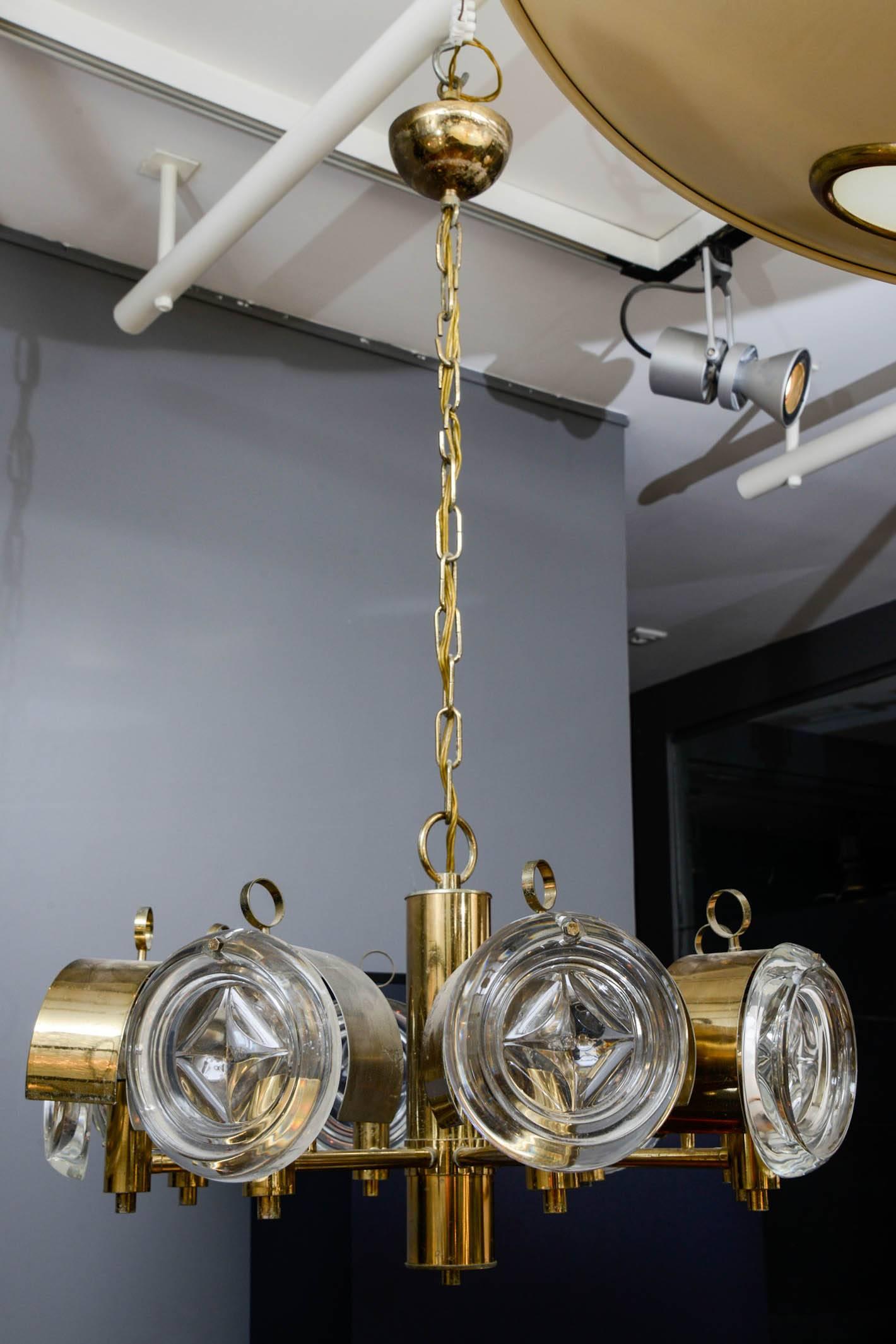 Mid-Century Modern Small Brass and Glass Lenses Sciolari Chandelier