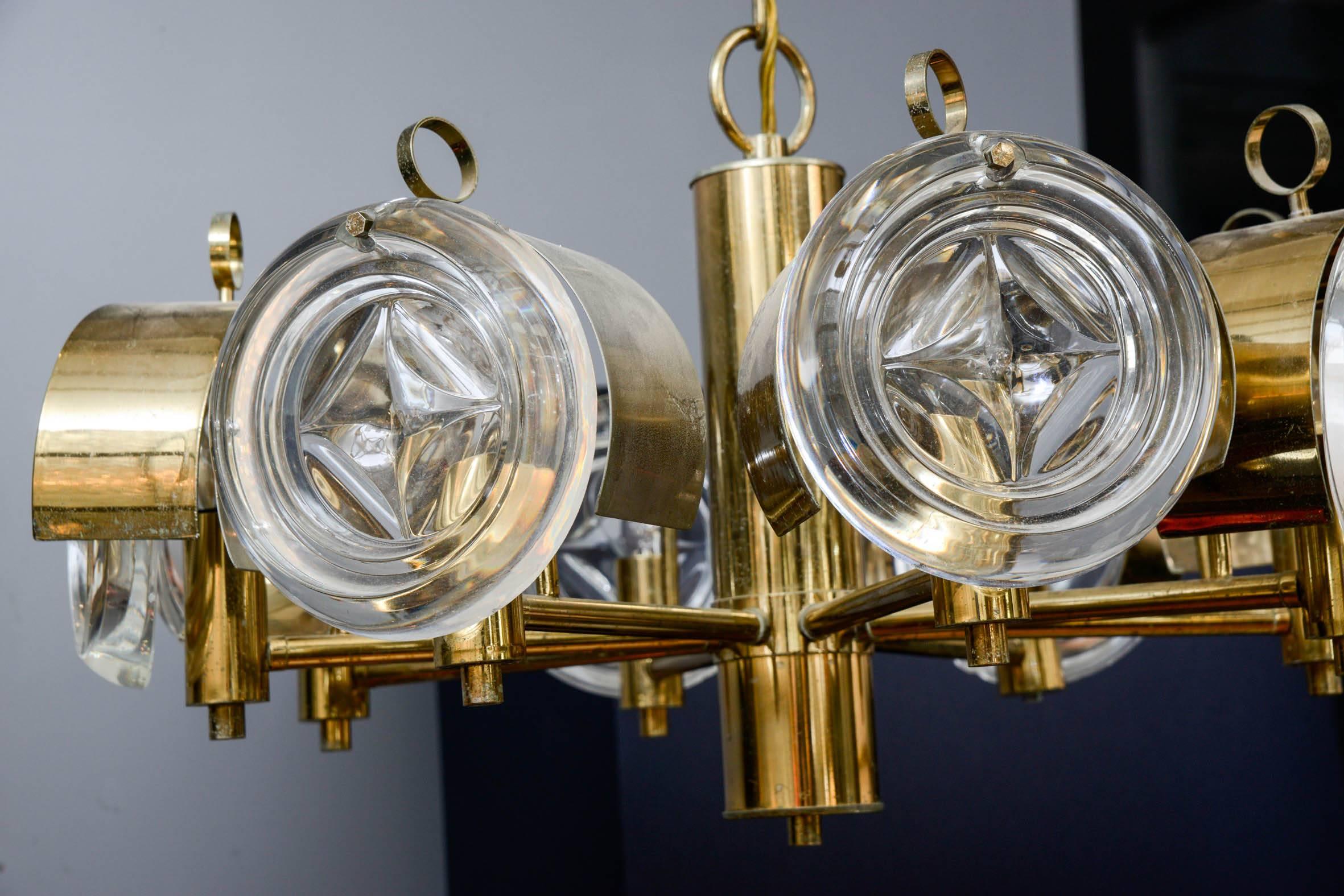 Italian Small Brass and Glass Lenses Sciolari Chandelier