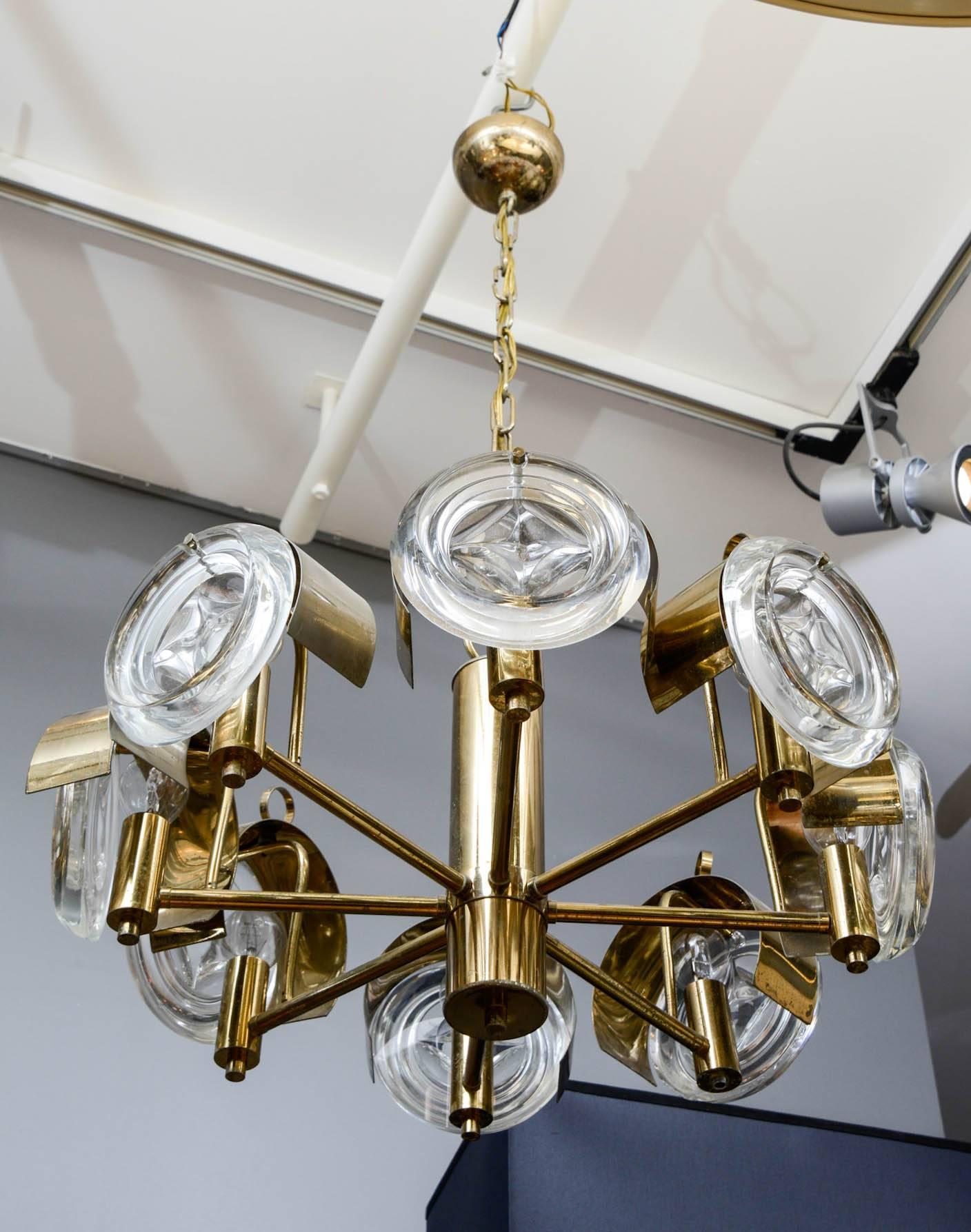Small Brass and Glass Lenses Sciolari Chandelier In Good Condition In Saint-Ouen, IDF