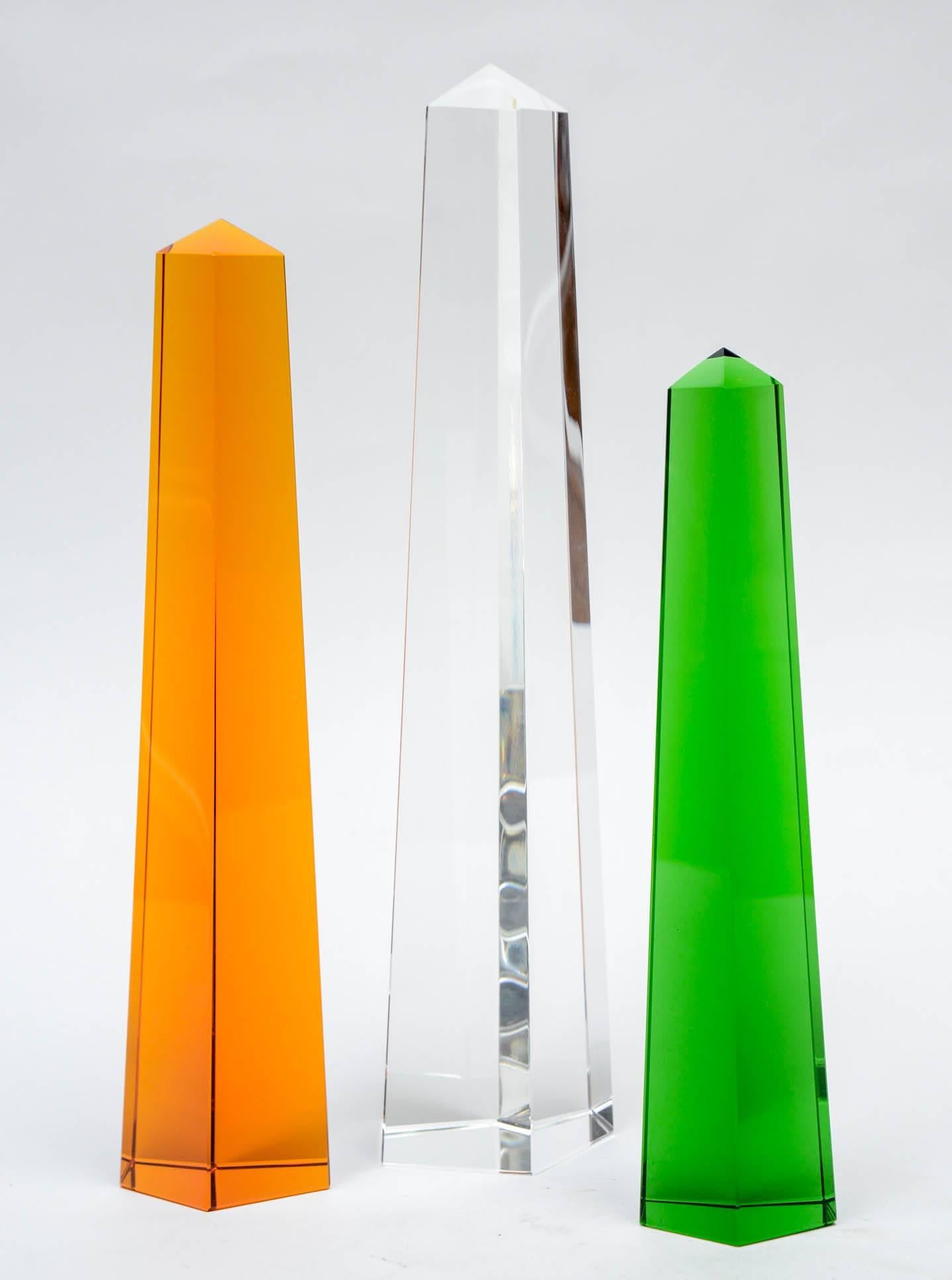 Set of three obelisks made of Murano glass in different colors.

Perfect condition.