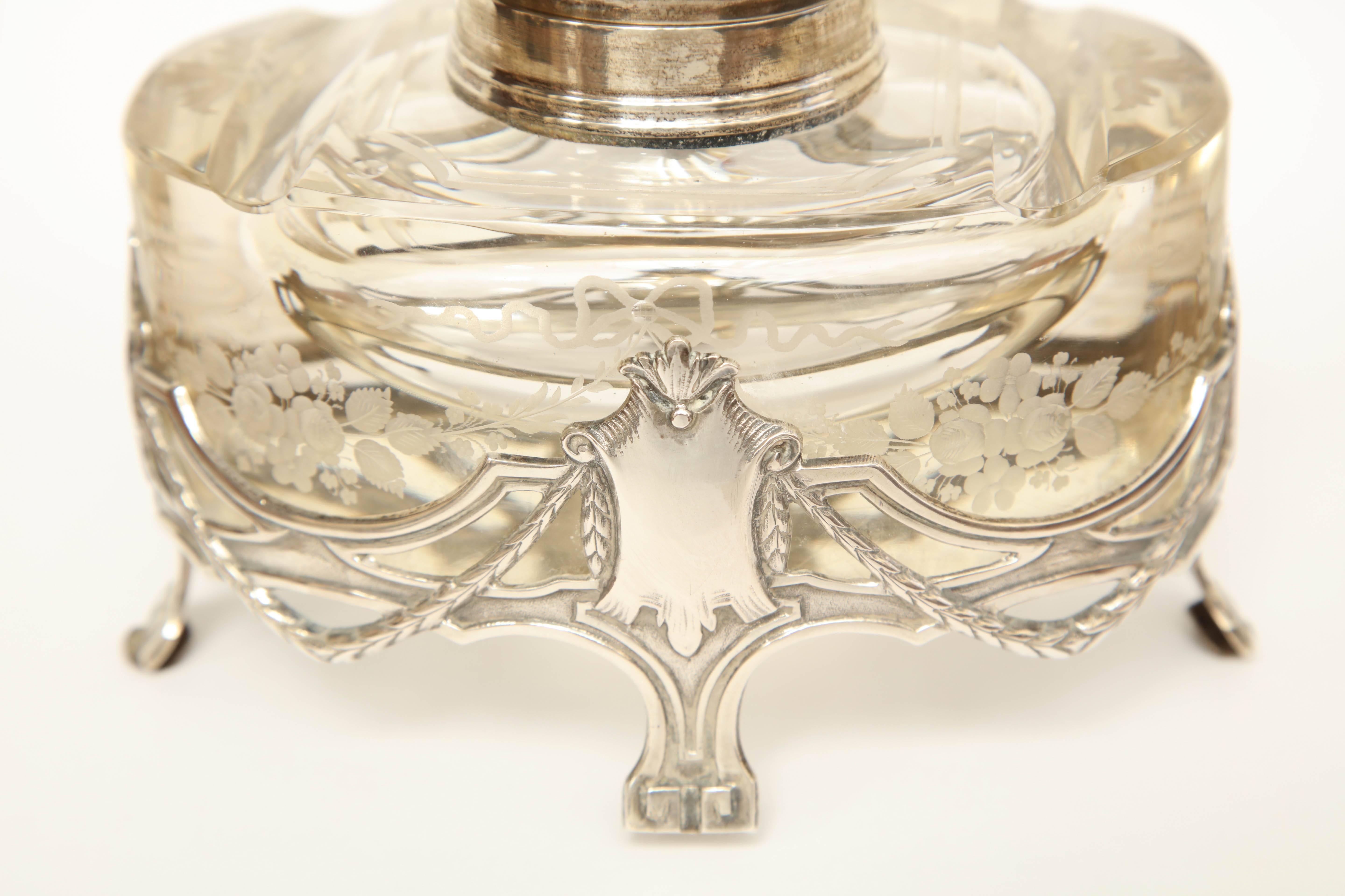 Early 20th century Art Nouveau German silver and glass inkwell.