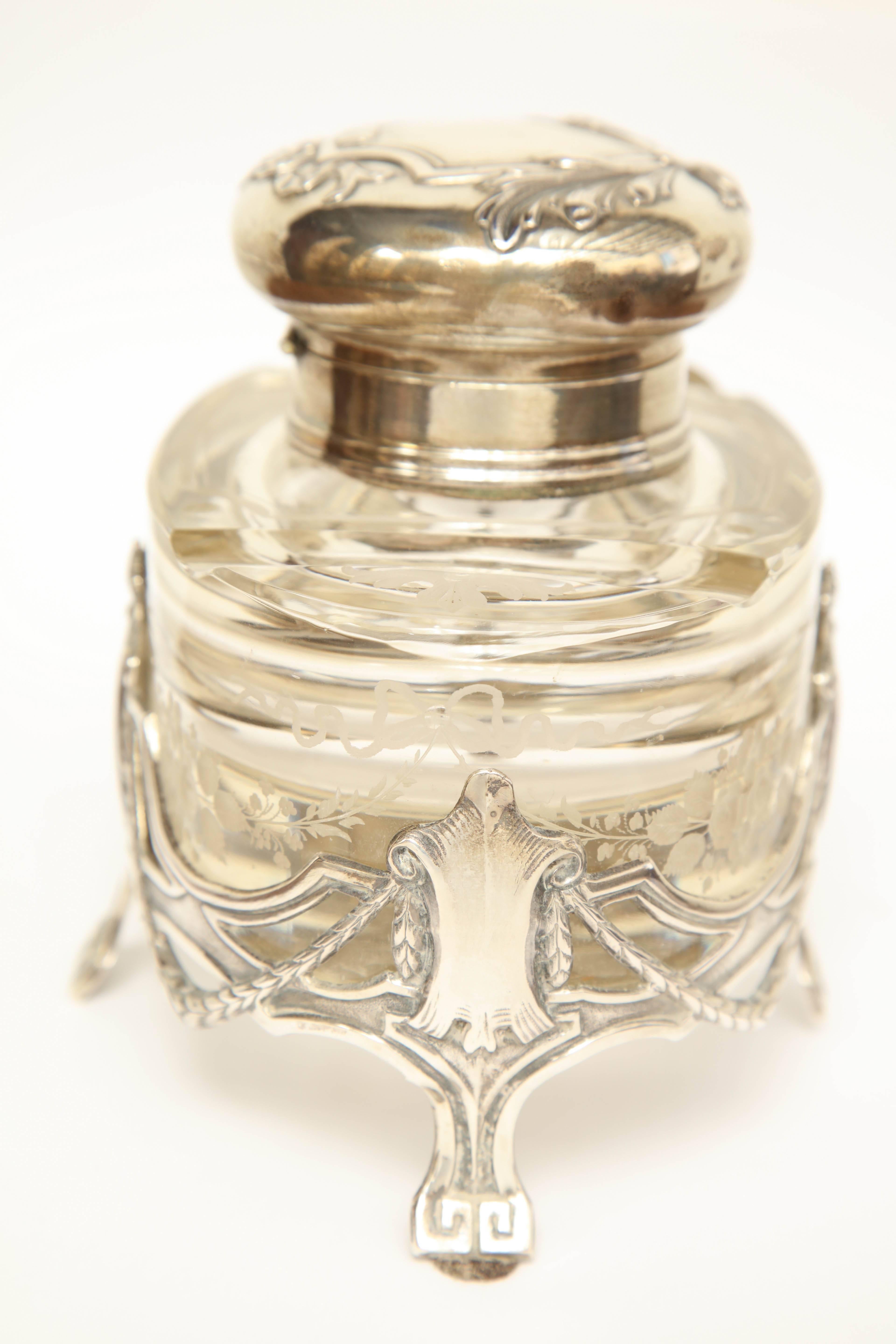 Early 20th Century Art Nouveau German Silver and Glass Inkwell For Sale 1