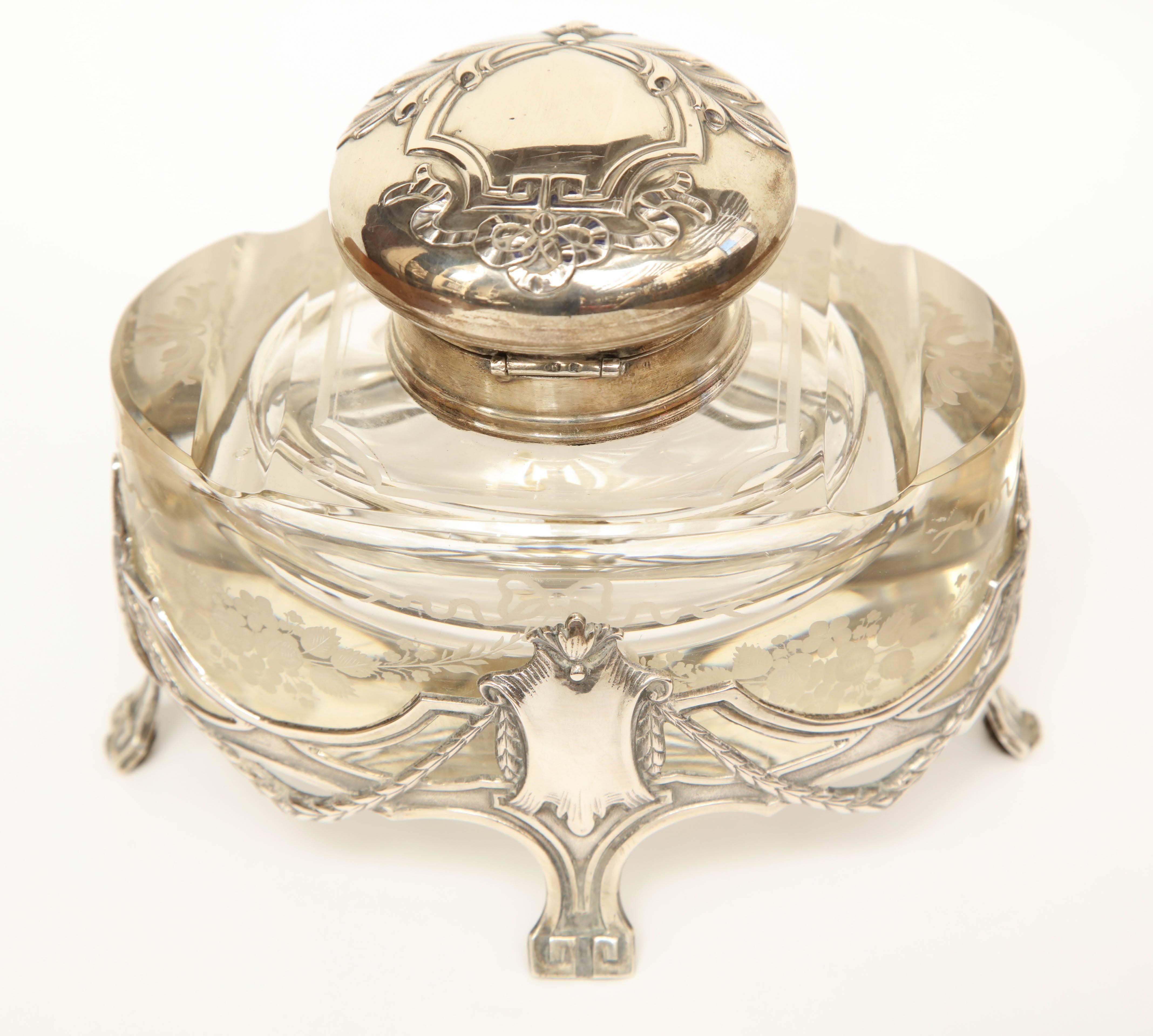 Early 20th Century Art Nouveau German Silver and Glass Inkwell For Sale 3