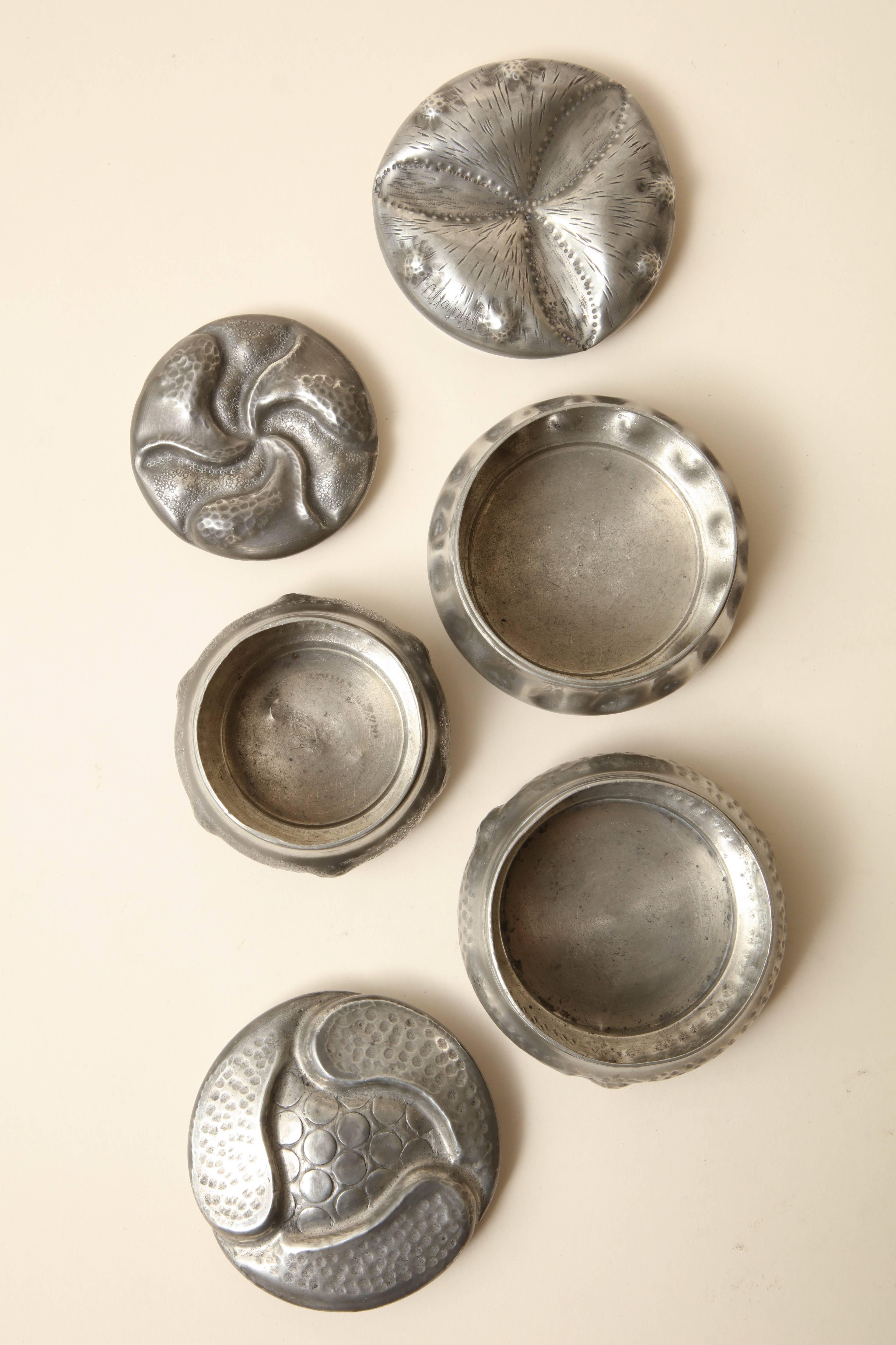 Art Deco Collection of Three French Art Nouveau Dinanderie Pewter Boxes For Sale
