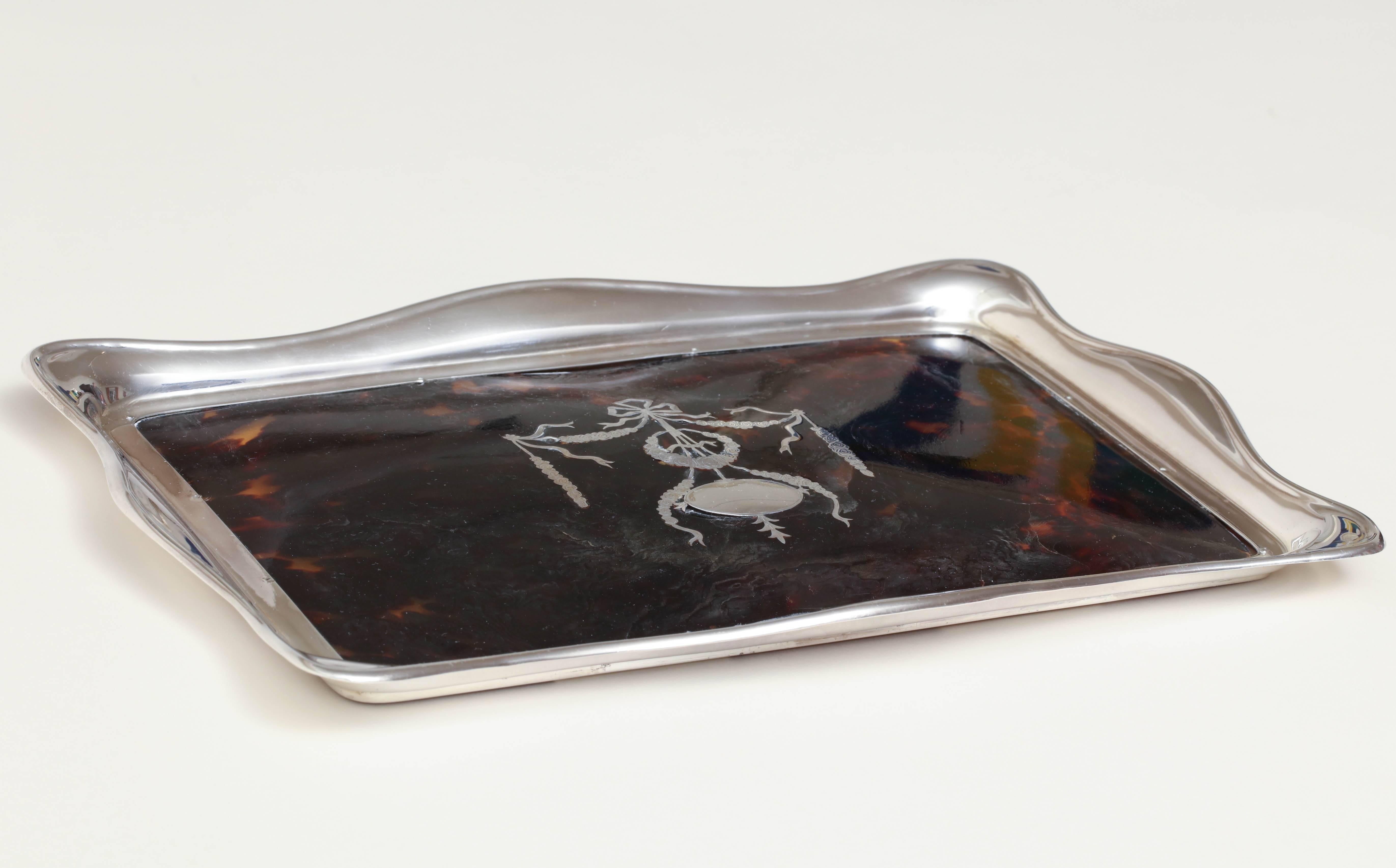 English Art Deco Faux Tortoiseshell & Sterling Silver Tray For Sale 1