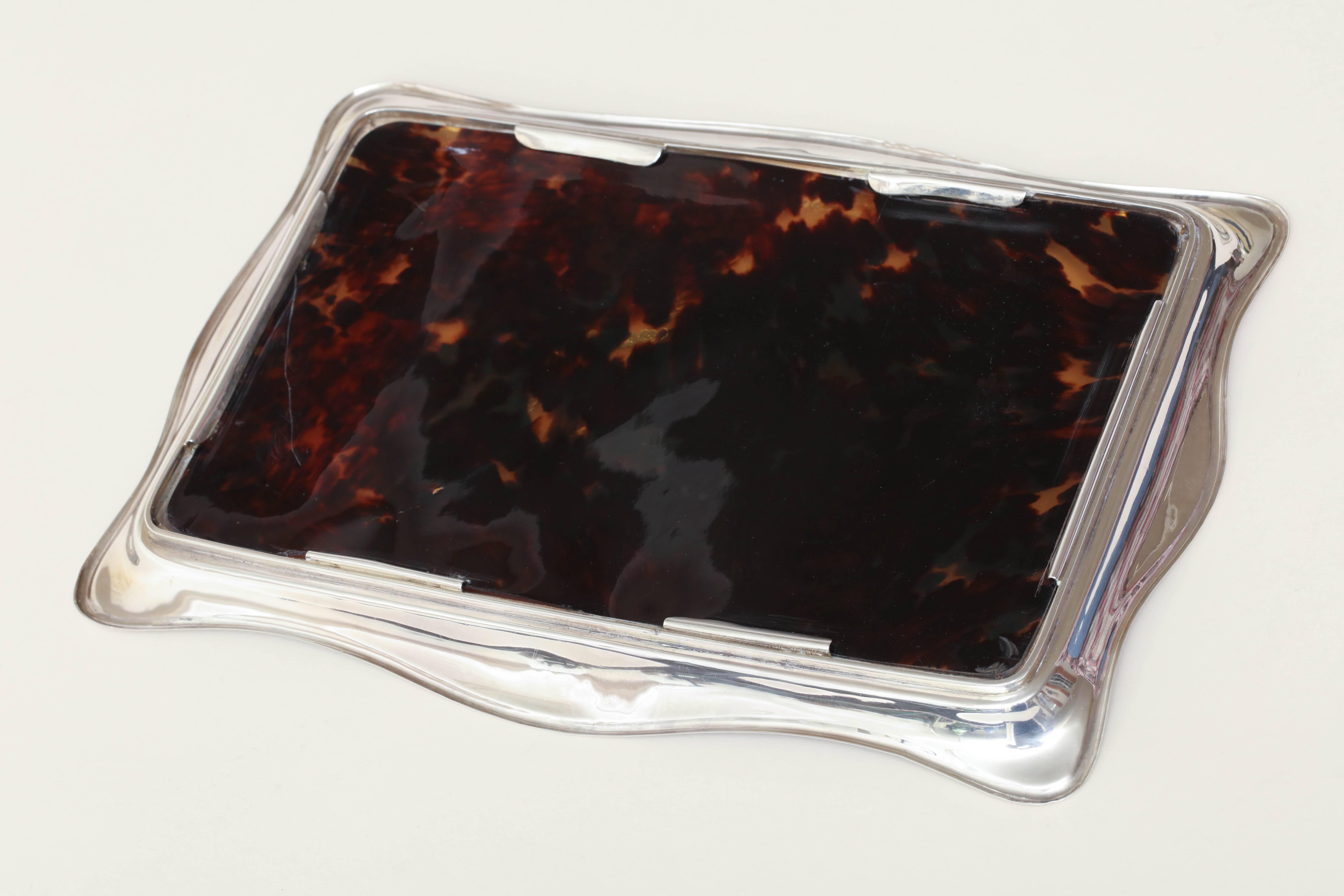 English Art Deco Faux Tortoiseshell & Sterling Silver Tray For Sale 3