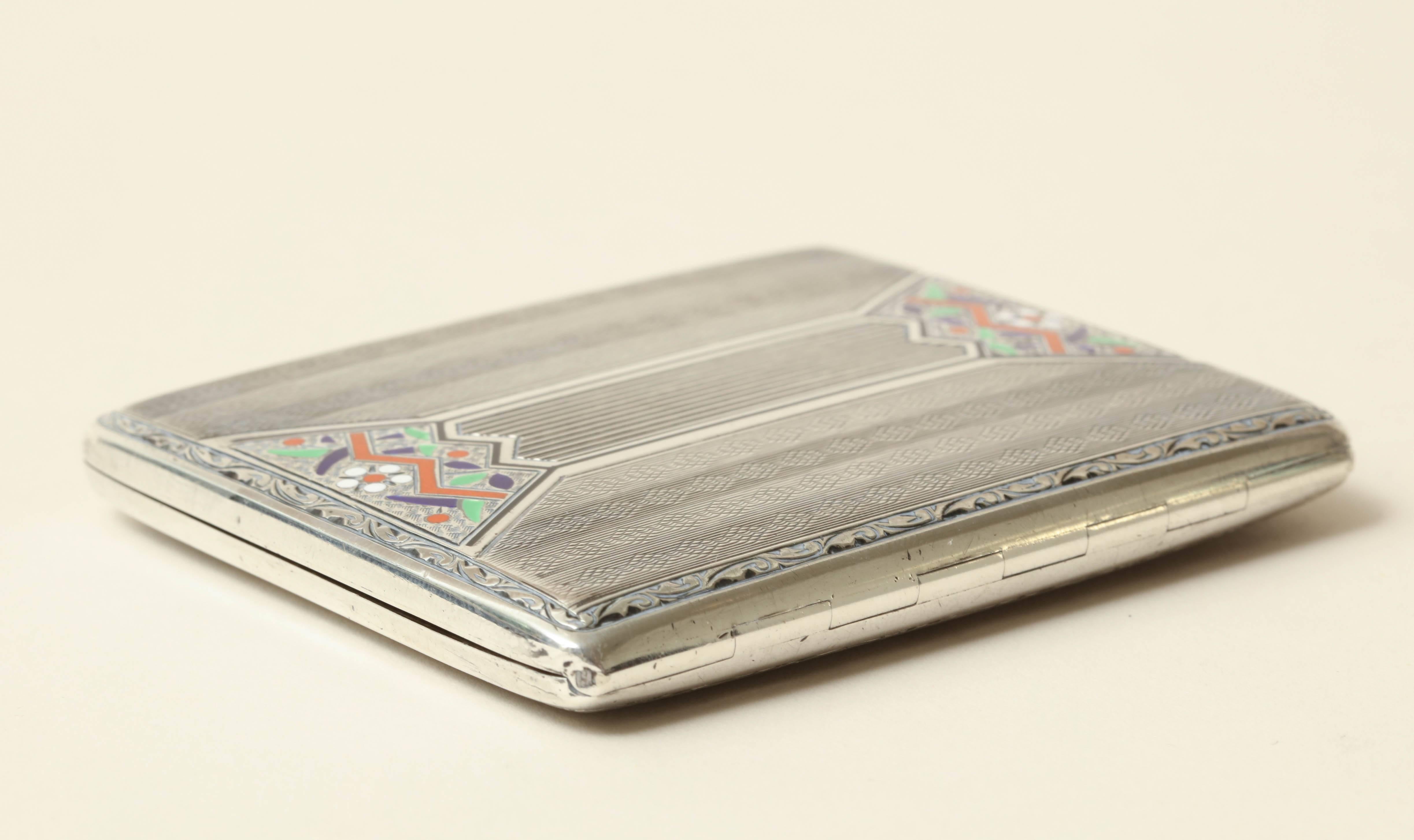 Continental Art Deco Sterling Silver and Champleve Enamel Cigarette Case 2