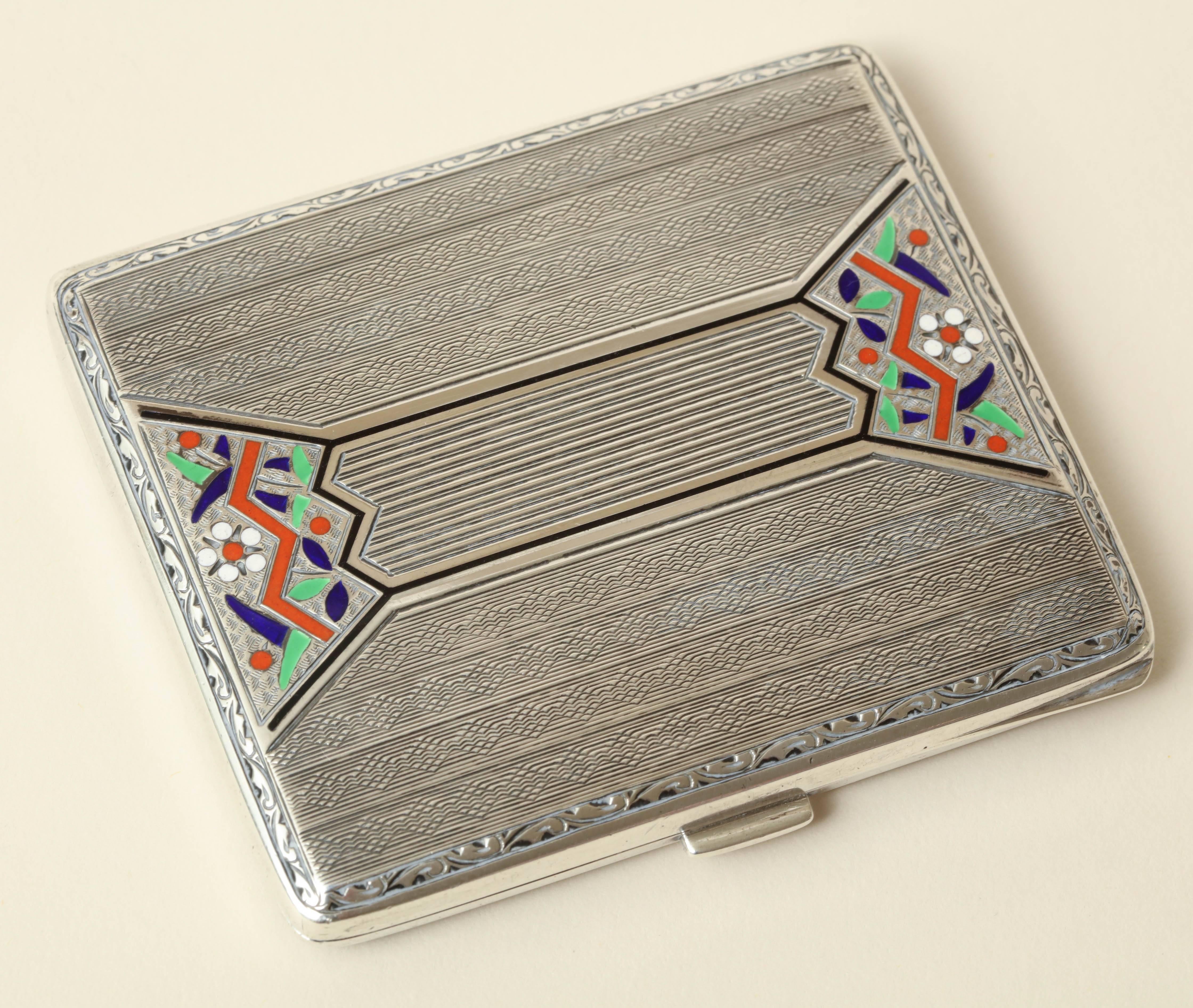 Continental Art Deco Sterling Silver and Champleve Enamel Cigarette Case 4