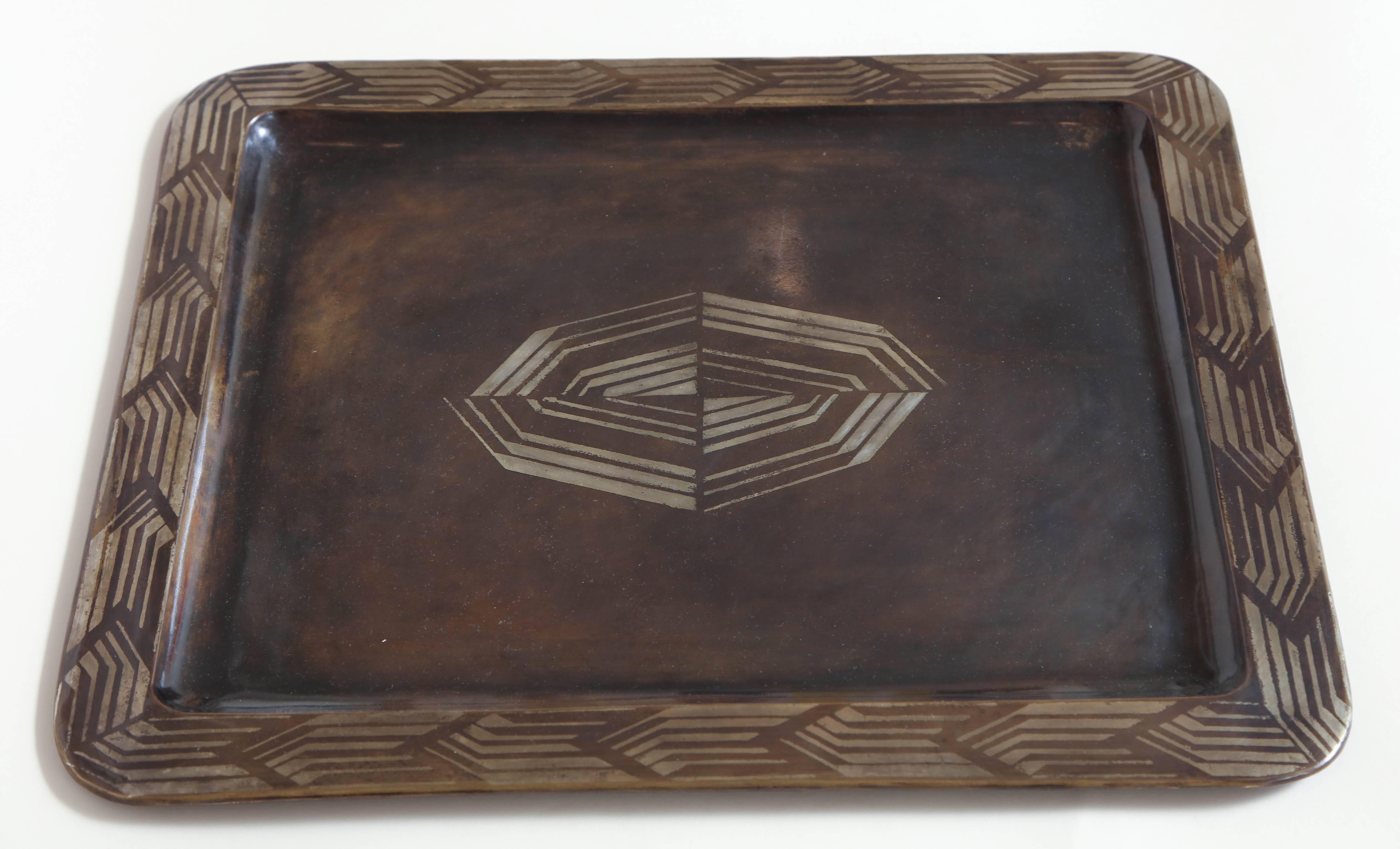 Fernand Grange French Art Deco Brass and Silver Dinanderie Tray In Excellent Condition For Sale In New York, NY
