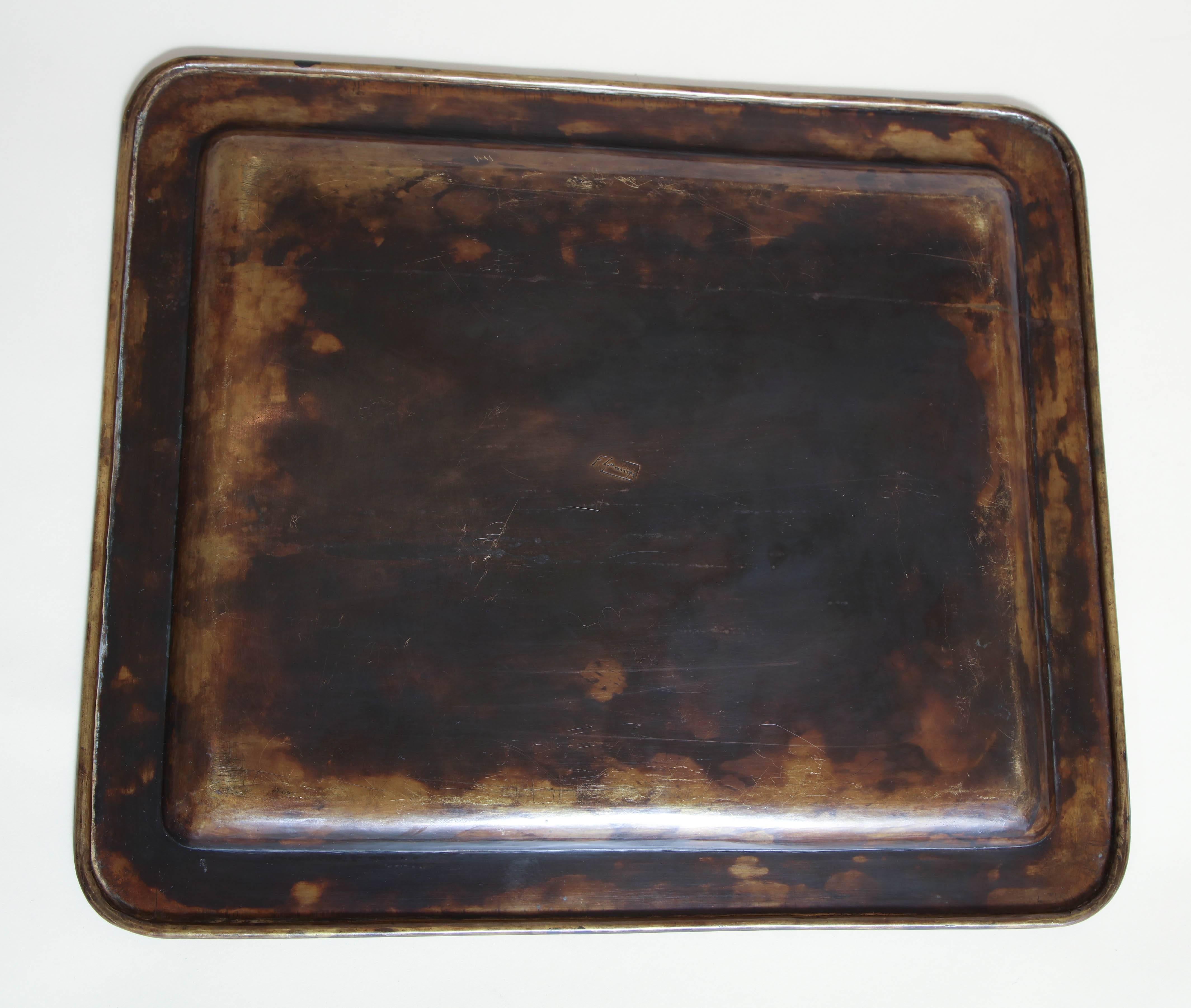 Fernand Grange French Art Deco Brass and Silver Dinanderie Tray For Sale 4