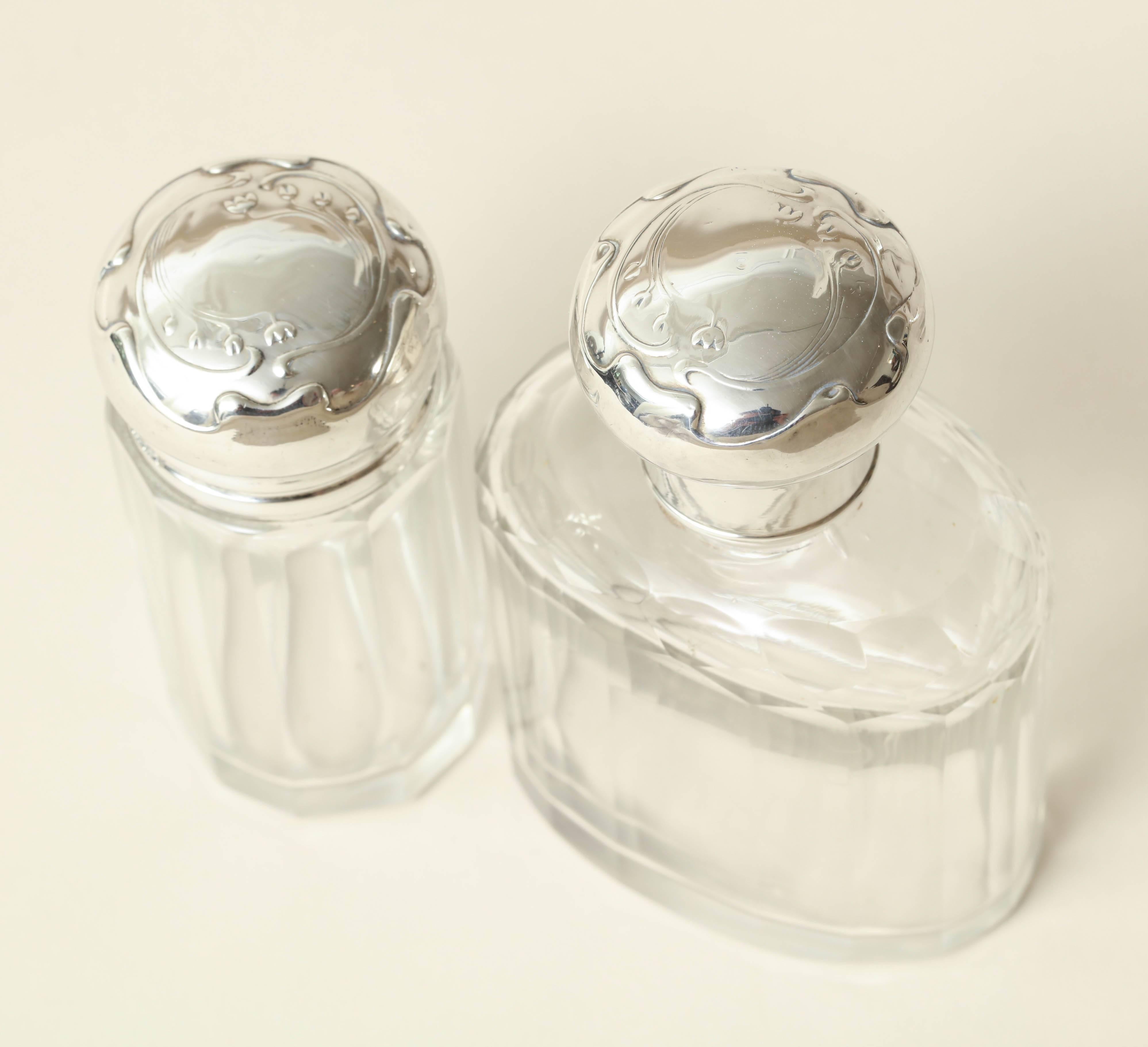 Charles Dunemil English Art Nouveau Crystal & Sterling Silver Dressing Set 5