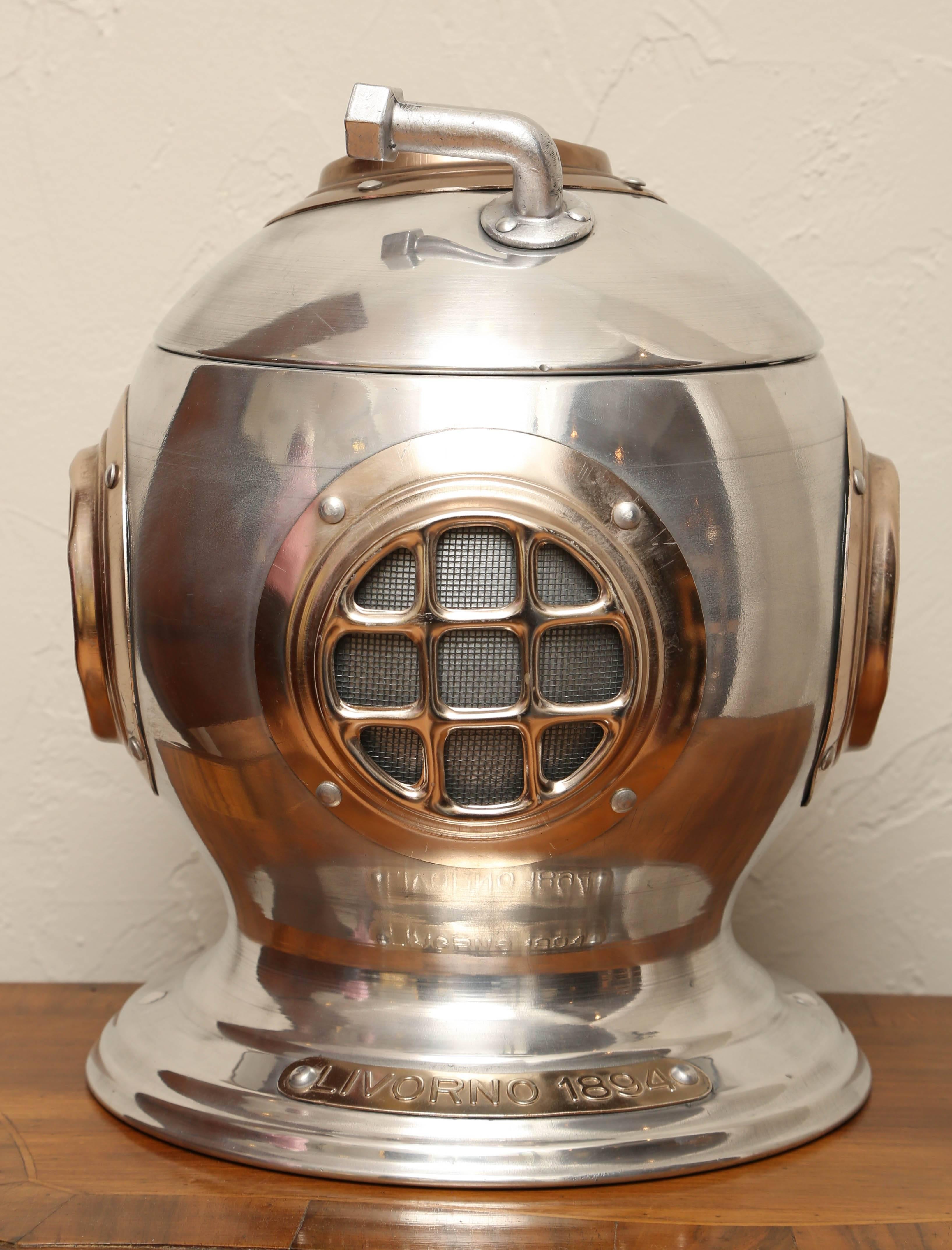 Vintage aluminum diver's helmet ice bucket with name plate 