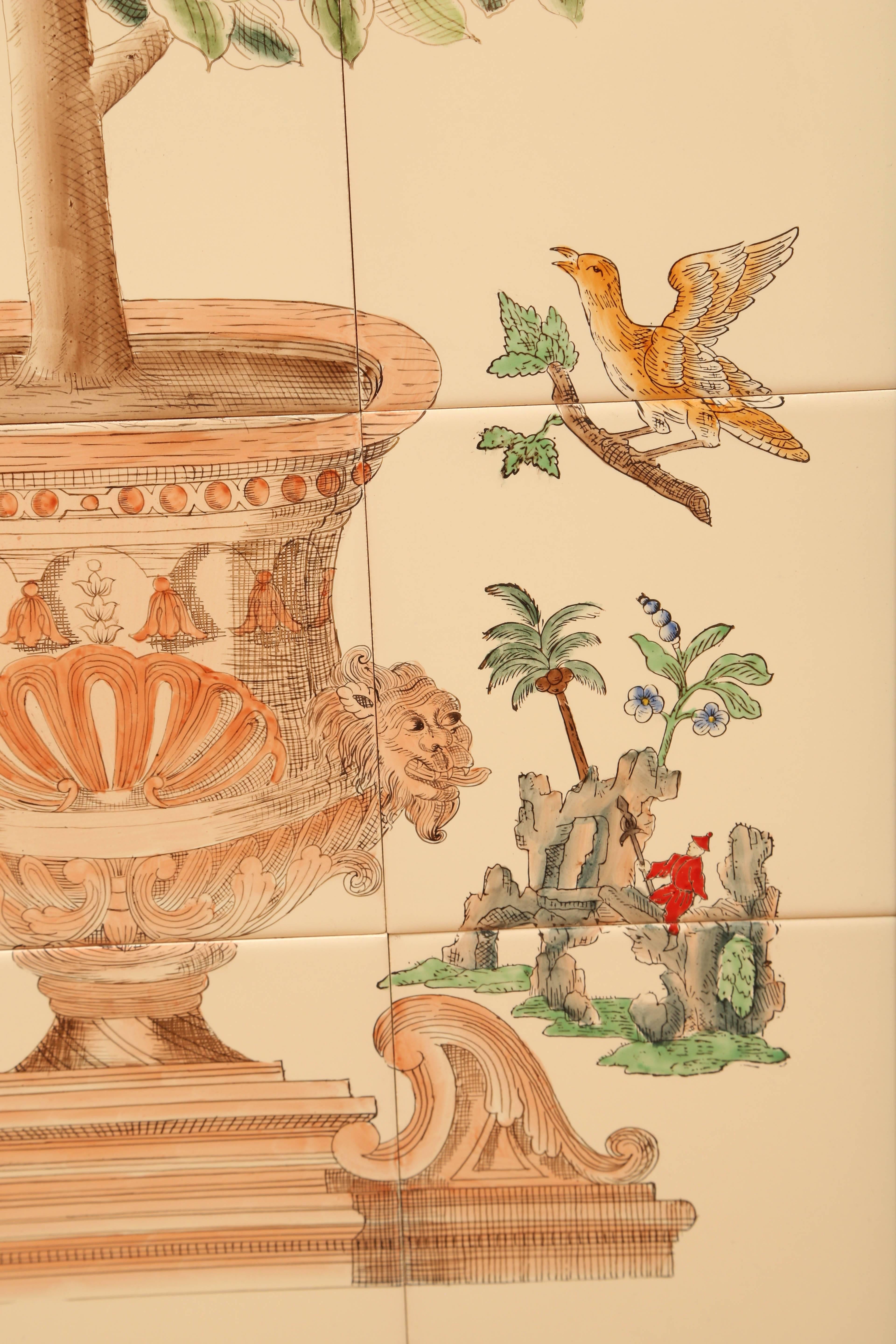 Pair of tile wall art featuring topiaries in urns surrounded by lovely chinoiserie designs.