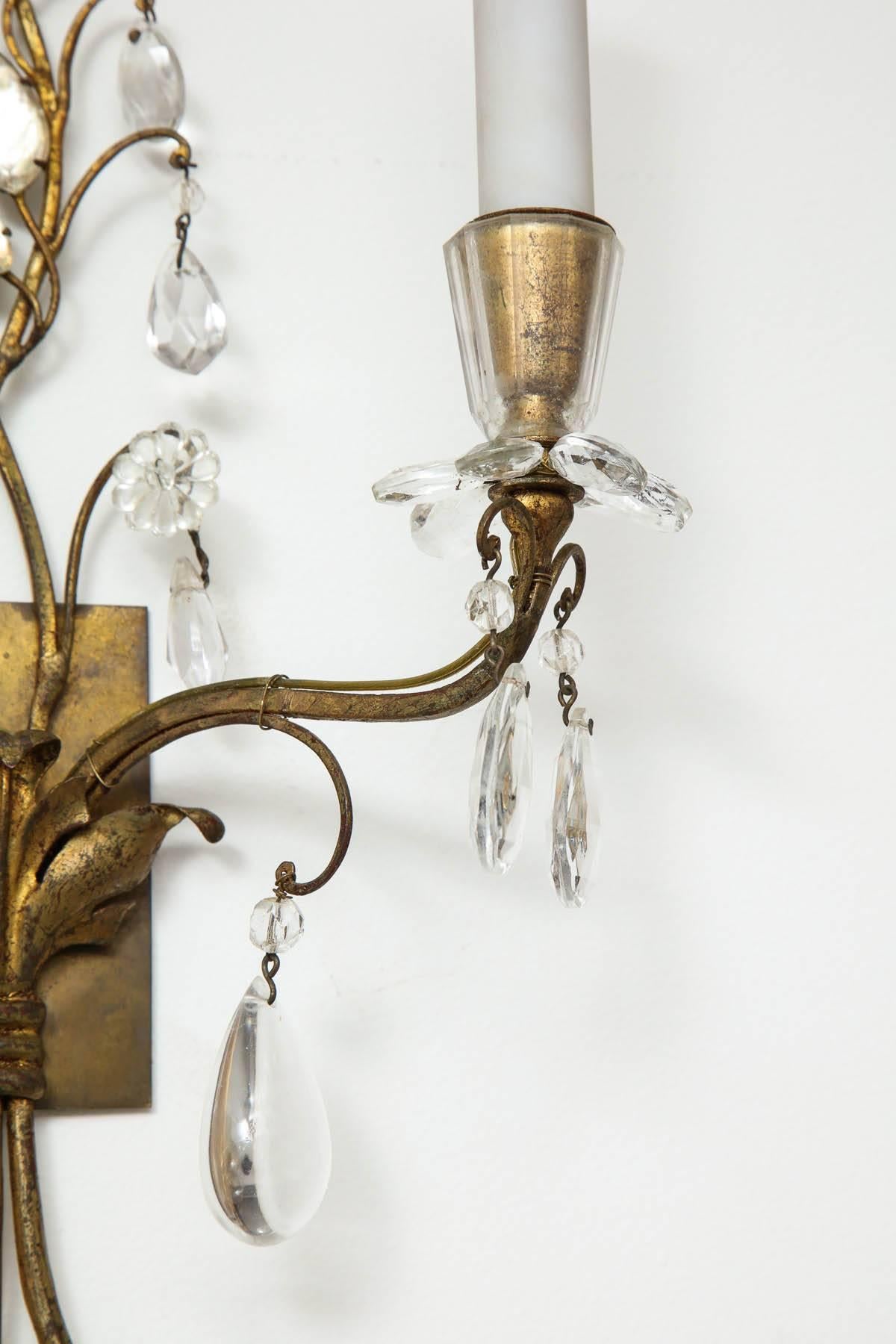 French Gracious Pair of Maison Bagues Crystal Sconces