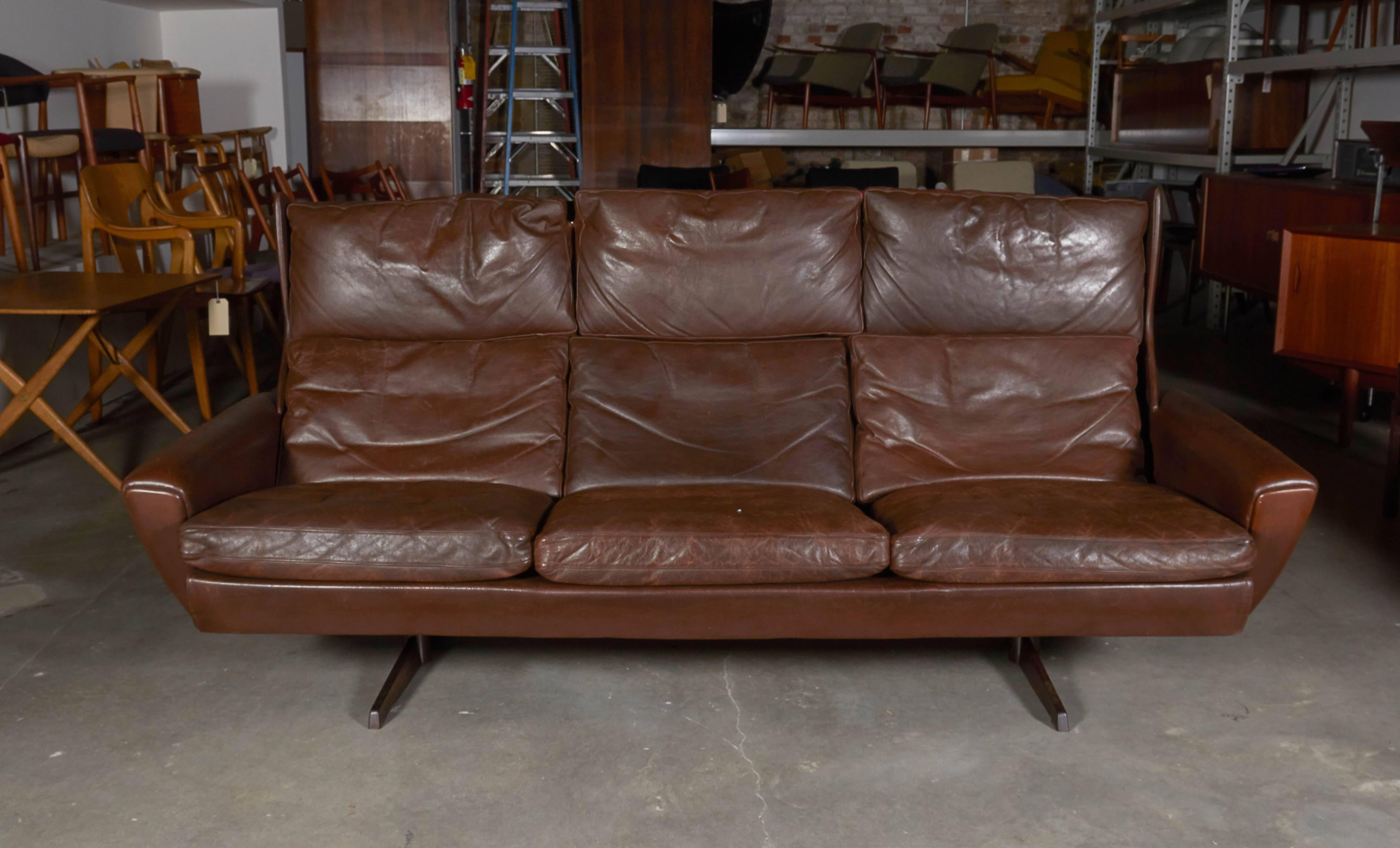 Scandinavian Modern Atomic Brown Leather Sofa by Fredrik Kayser