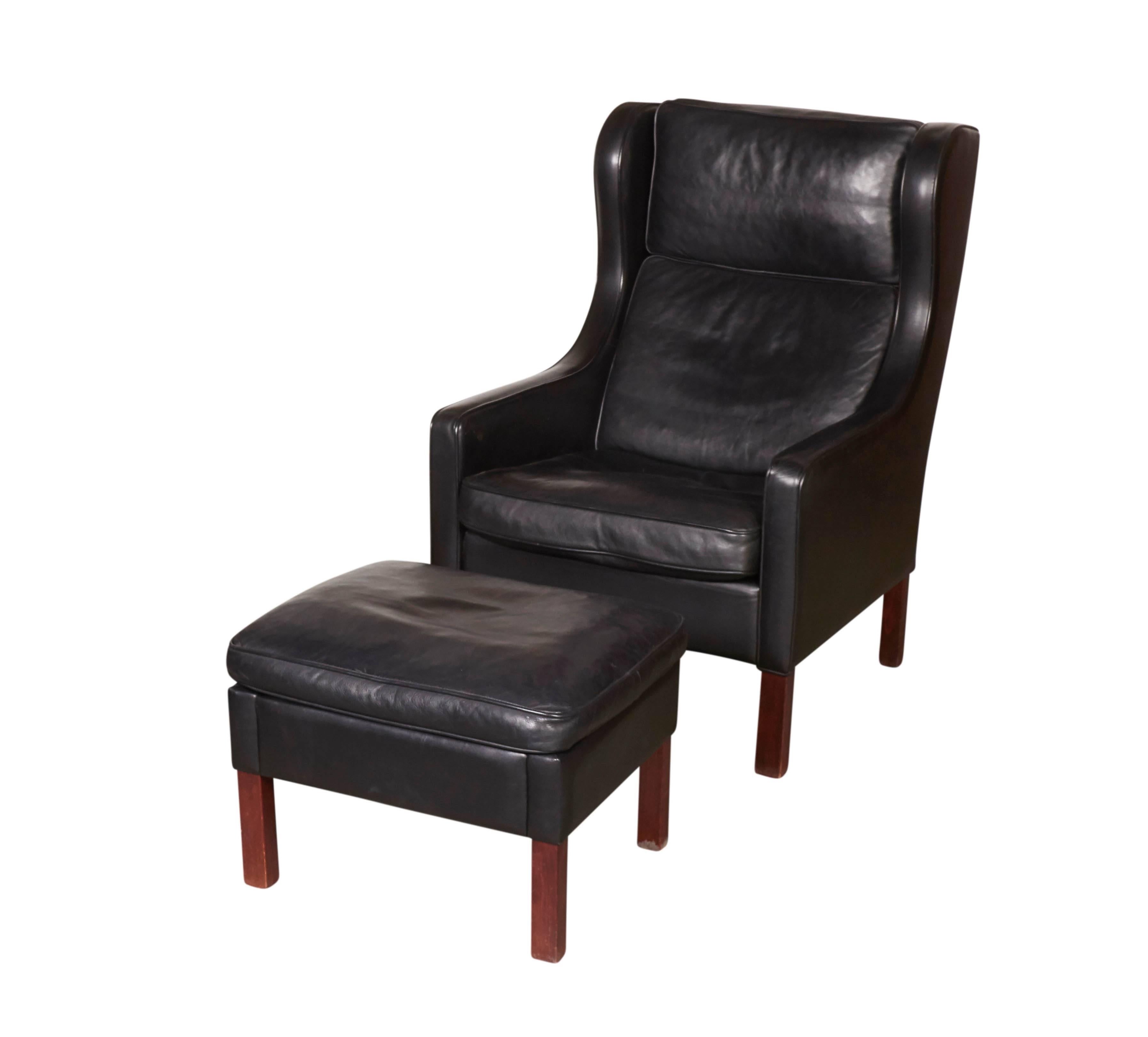 Scandinavian Modern Mid Century Leather Wingback Chairs with Ottoman