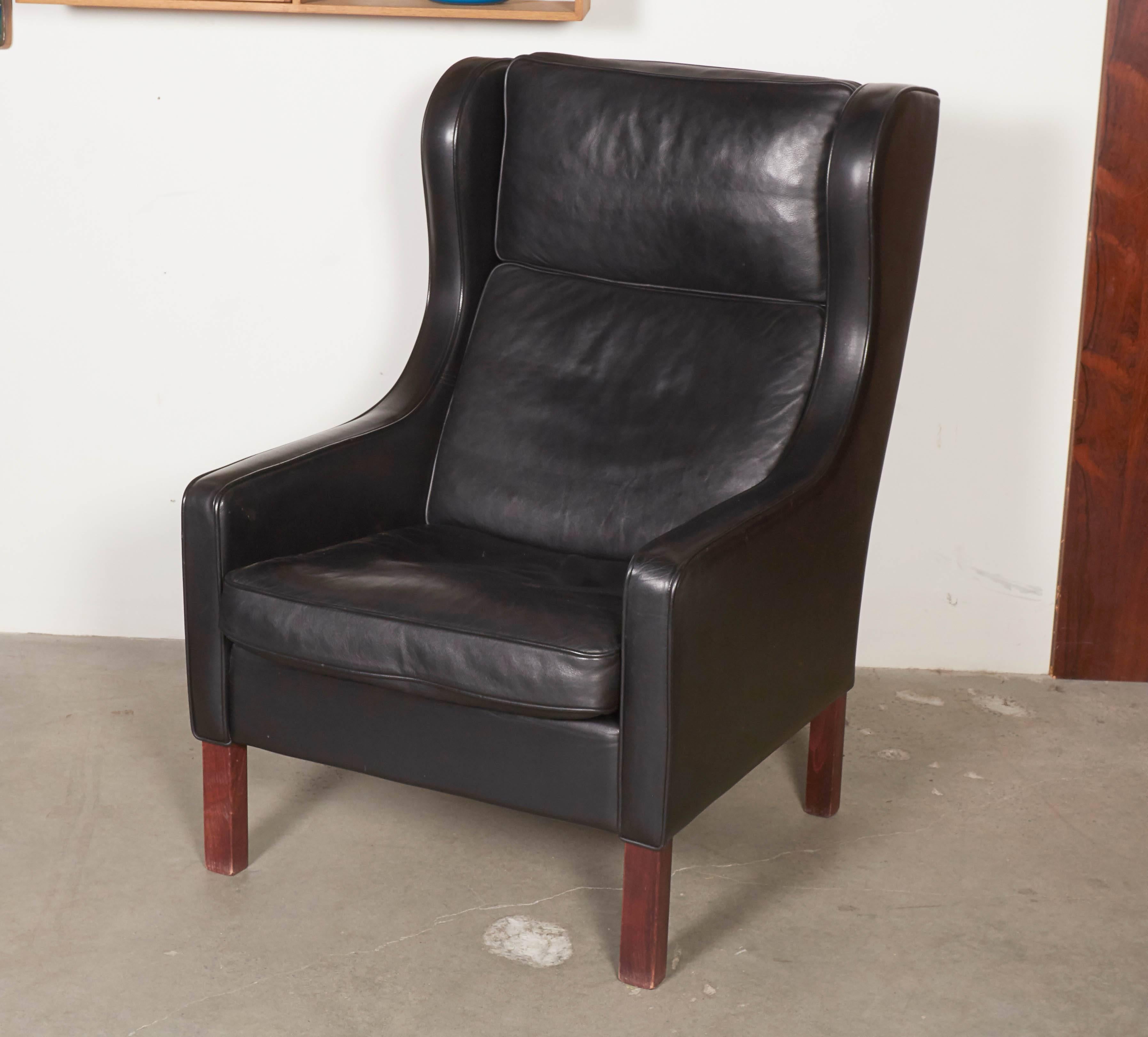 Danish Mid Century Leather Wingback Chairs with Ottoman
