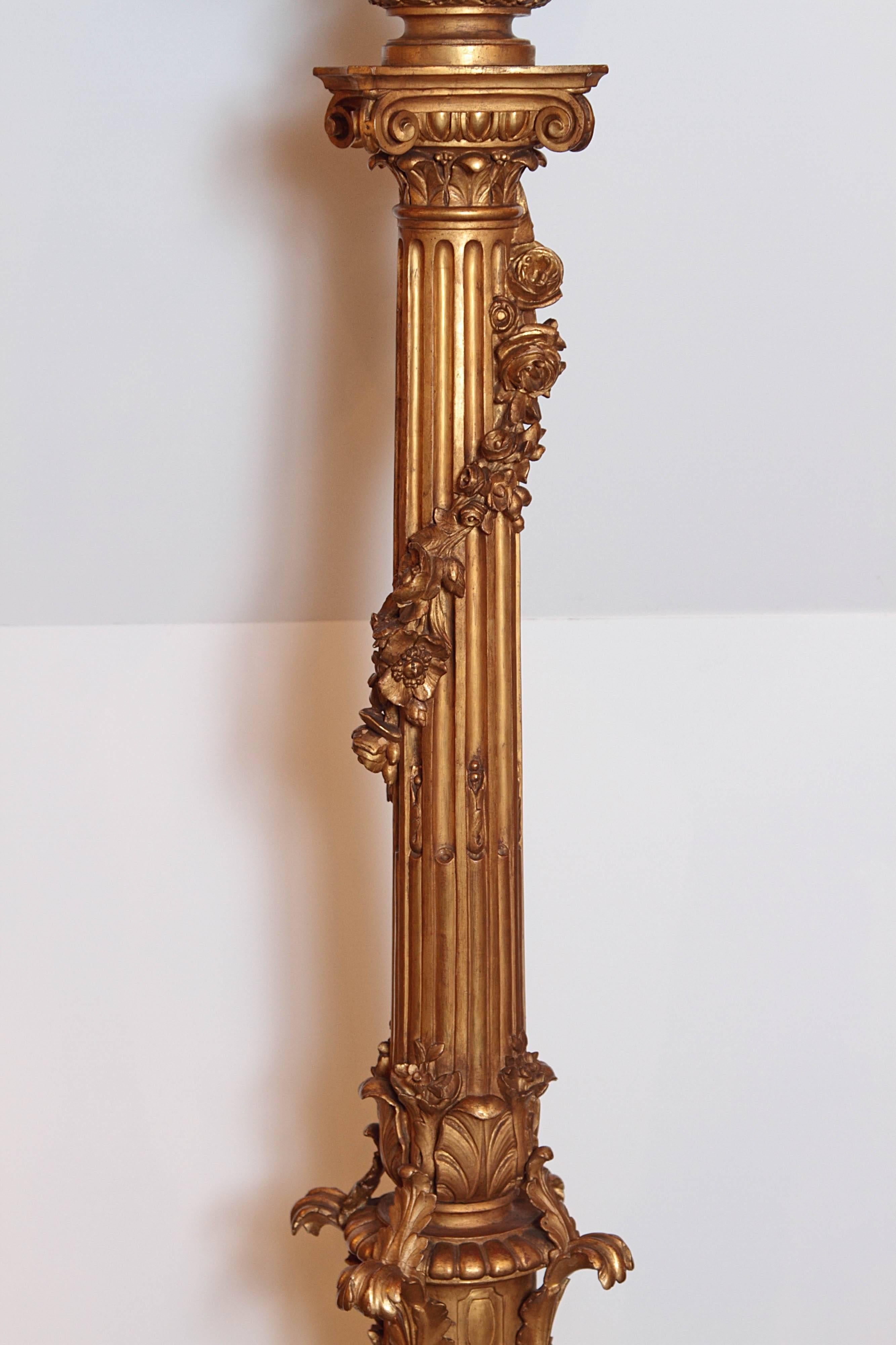 Régence Pair of 19th Century French Gilt Carved Regence Floor Lamps