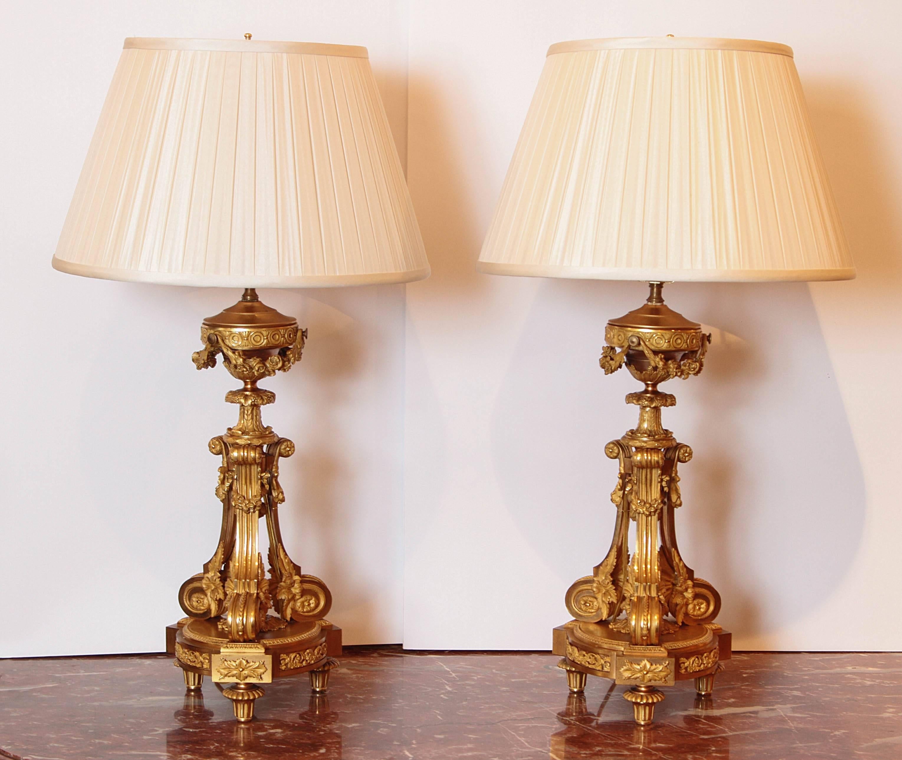Pair of Fine French Louis XVI Gilt Bronze Candelabrum Lamps In Excellent Condition In Dallas, TX
