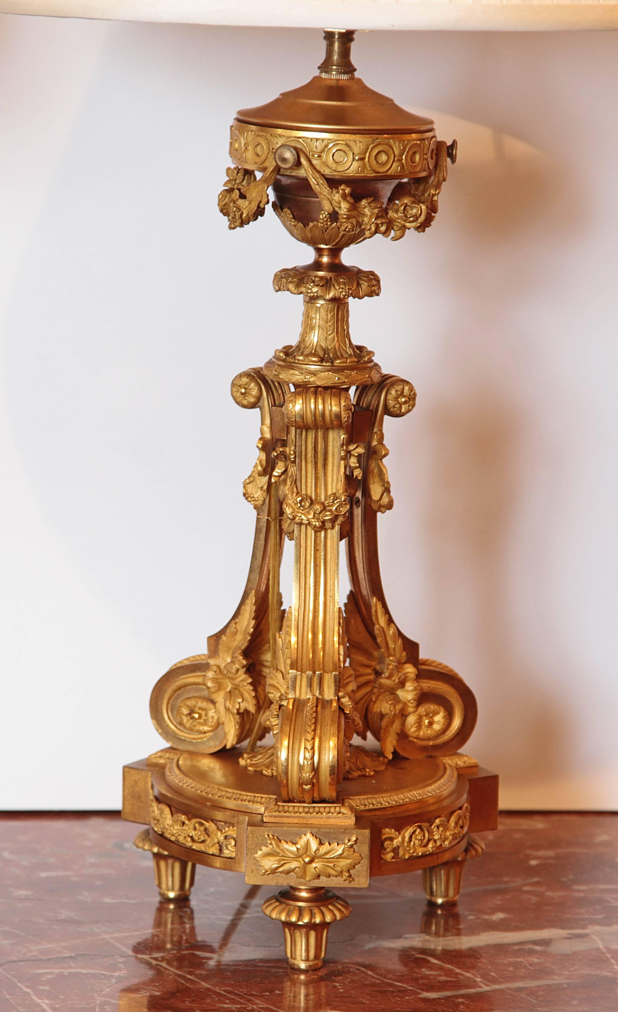 19th Century Pair of Fine French Louis XVI Gilt Bronze Candelabrum Lamps