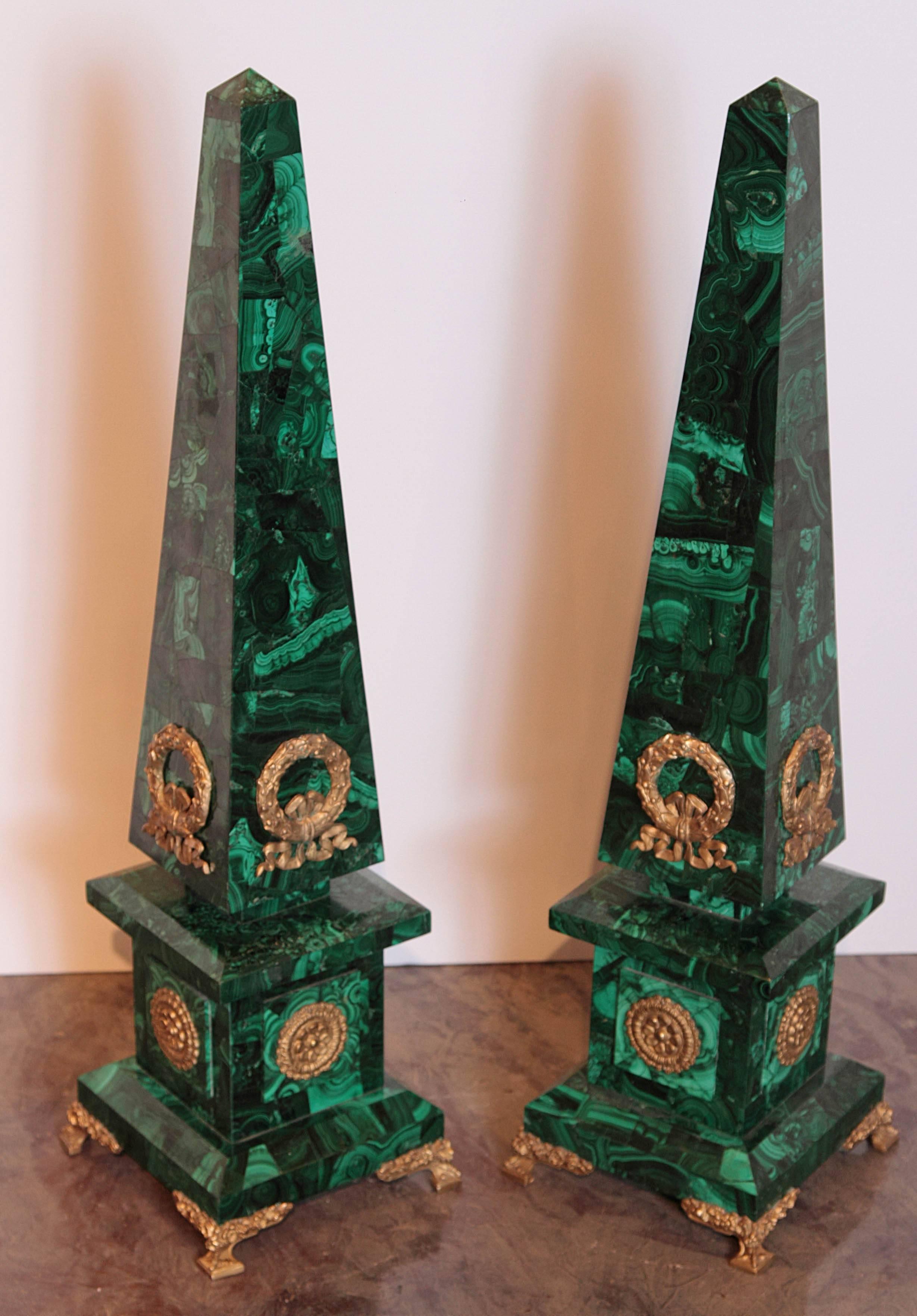 French Pair of Late 19th Century Malachite and Gilt Bronze Obelisks Signed P.E. Guerin
