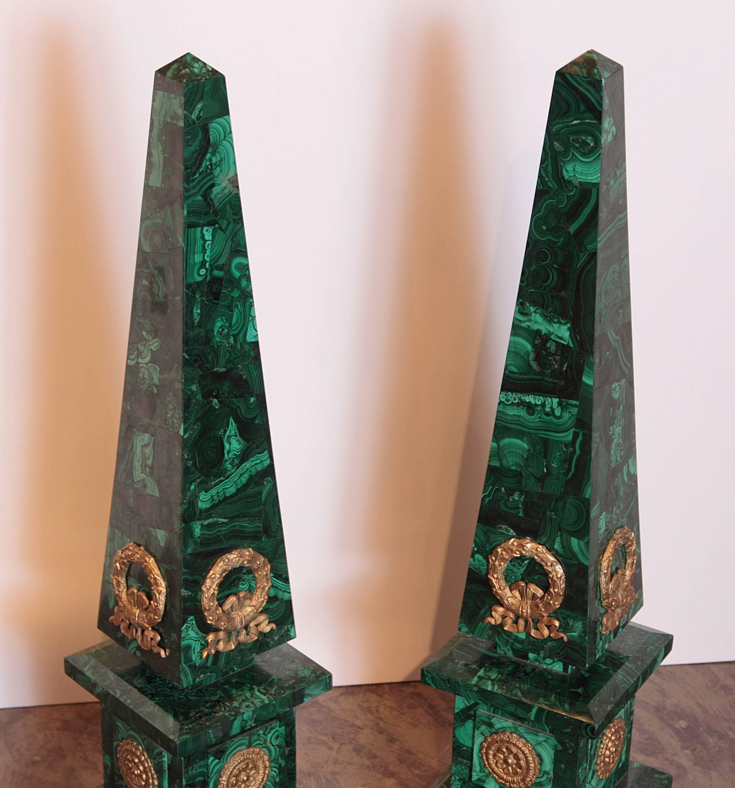 Pair of Late 19th Century Malachite and Gilt Bronze Obelisks Signed P.E. Guerin In Excellent Condition In Dallas, TX