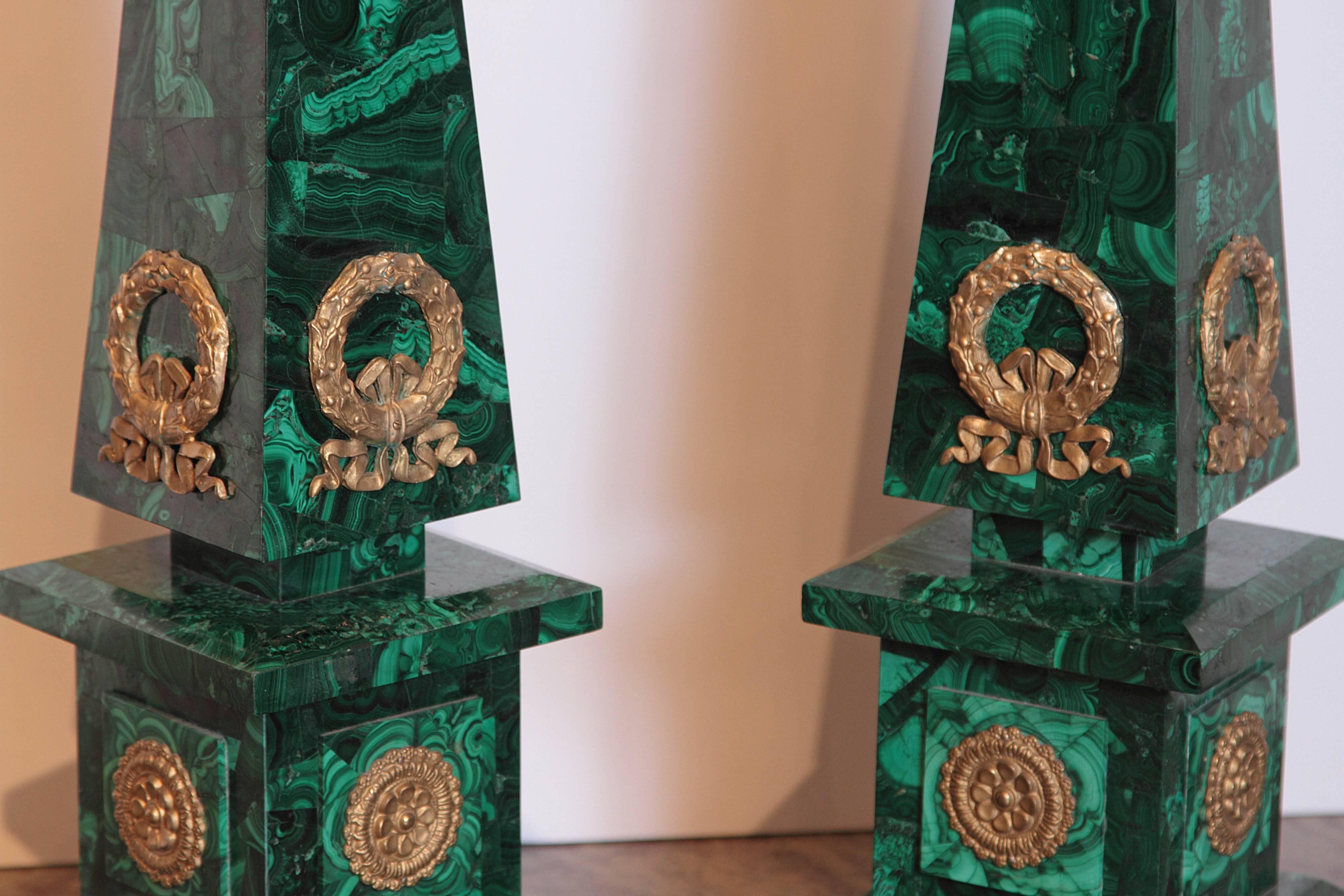 Pair of Late 19th Century Malachite and Gilt Bronze Obelisks Signed P.E. Guerin 1