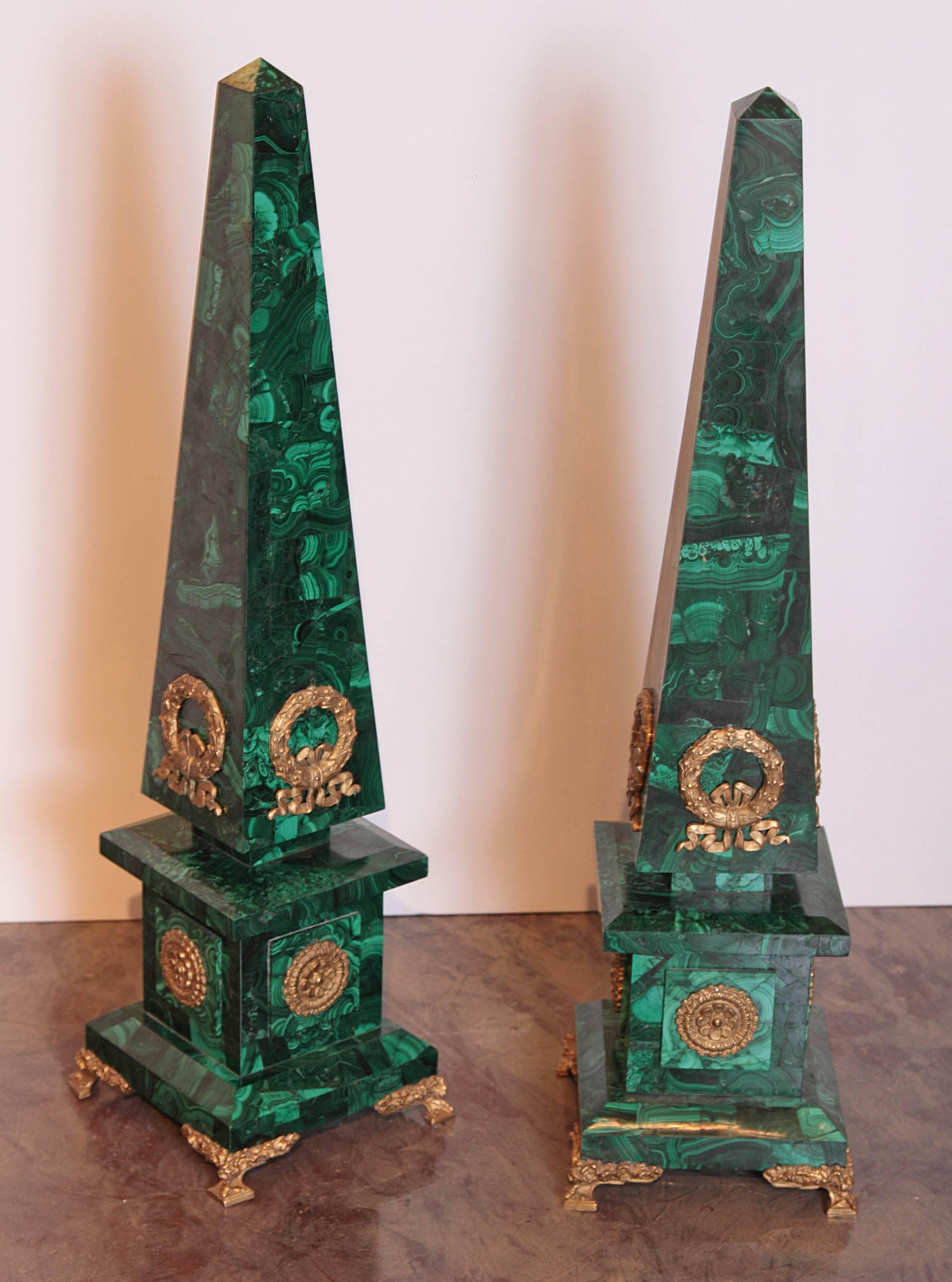 Pair of Late 19th Century Malachite and Gilt Bronze Obelisks Signed P.E. Guerin 2