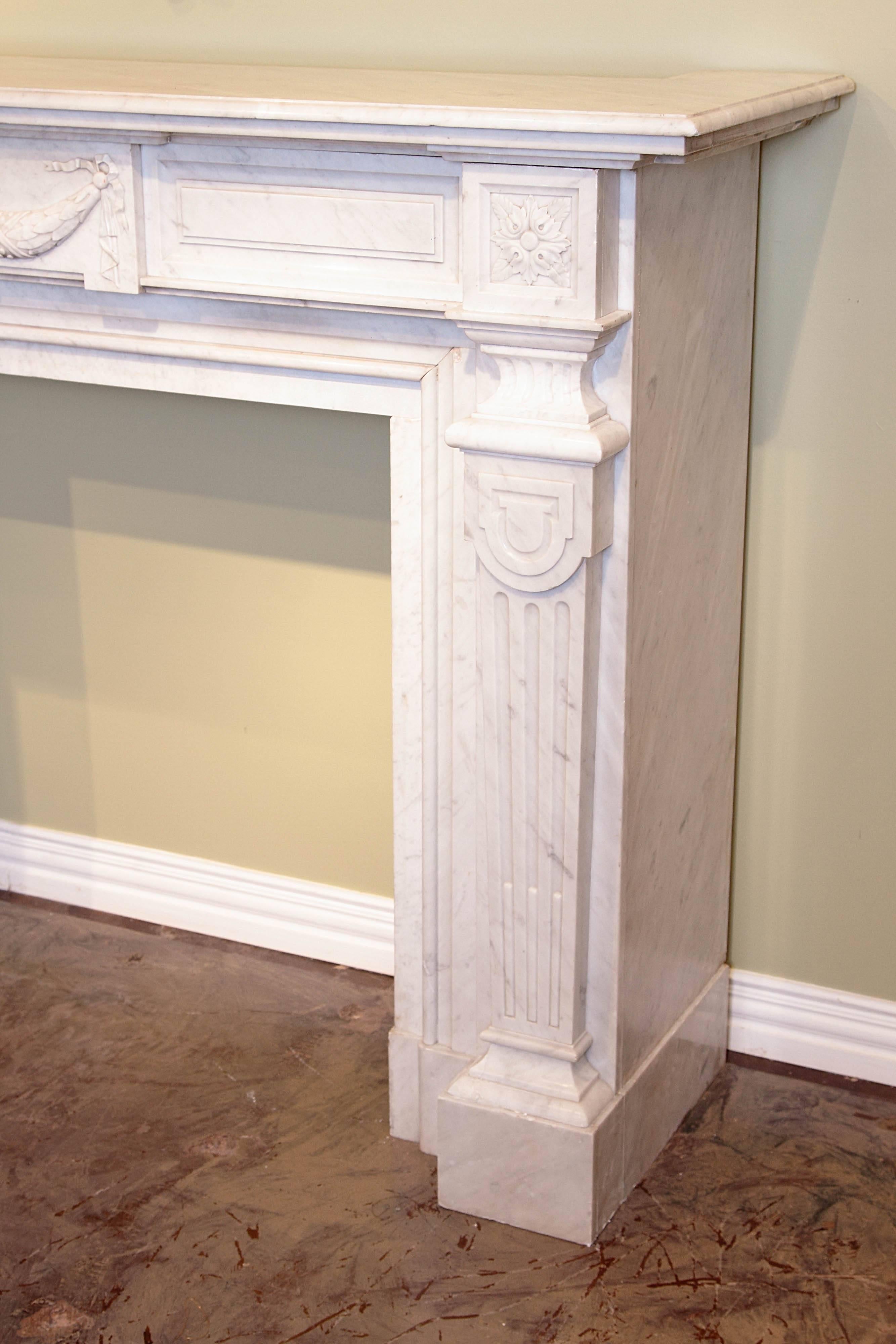 19th Century Louis XVI Carrara Marble Mantel In Excellent Condition In Dallas, TX