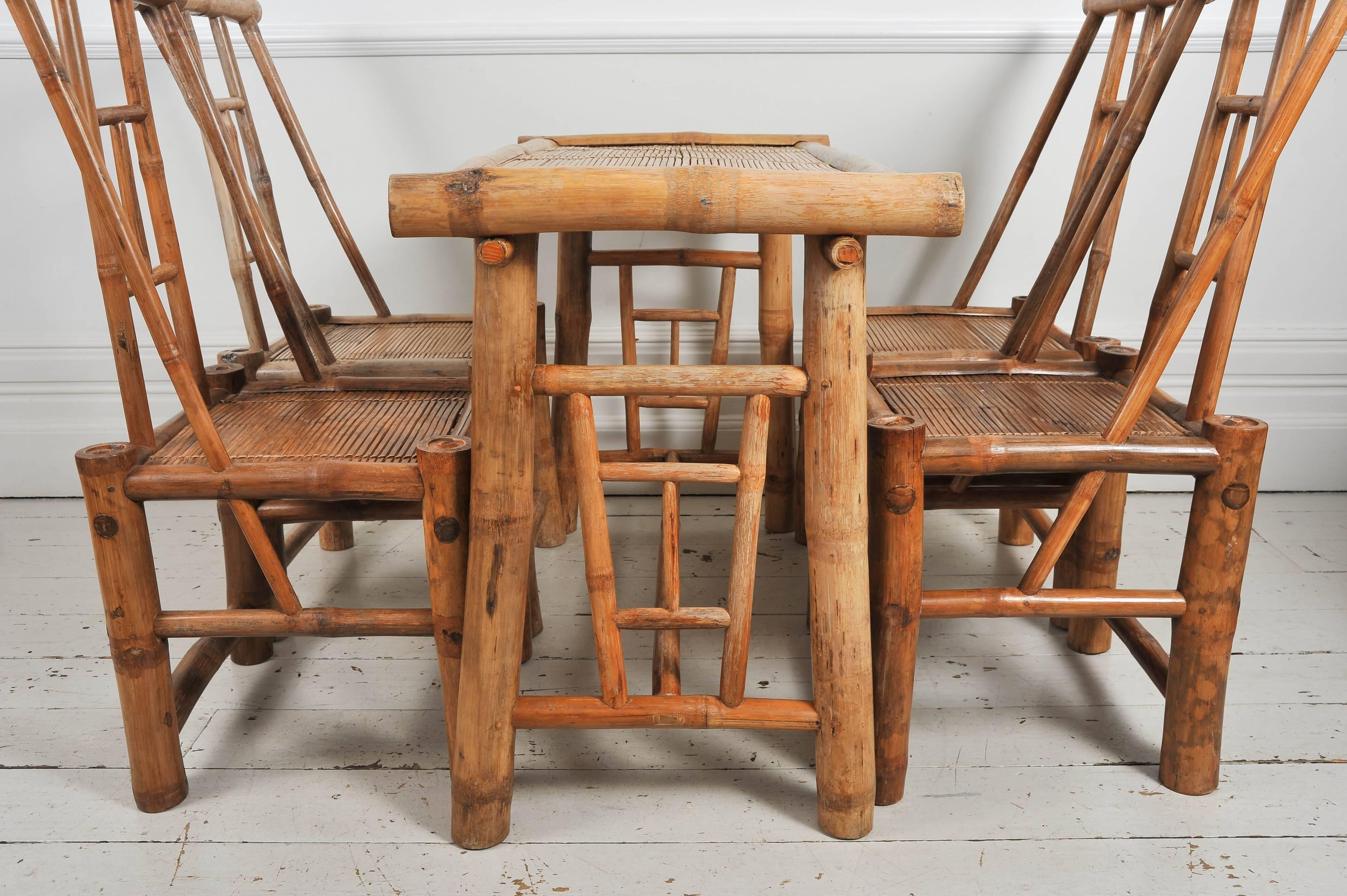 Mid-Century Modern Quirky French 1950s Set of Bamboo and Rattan Table with Four Chairs