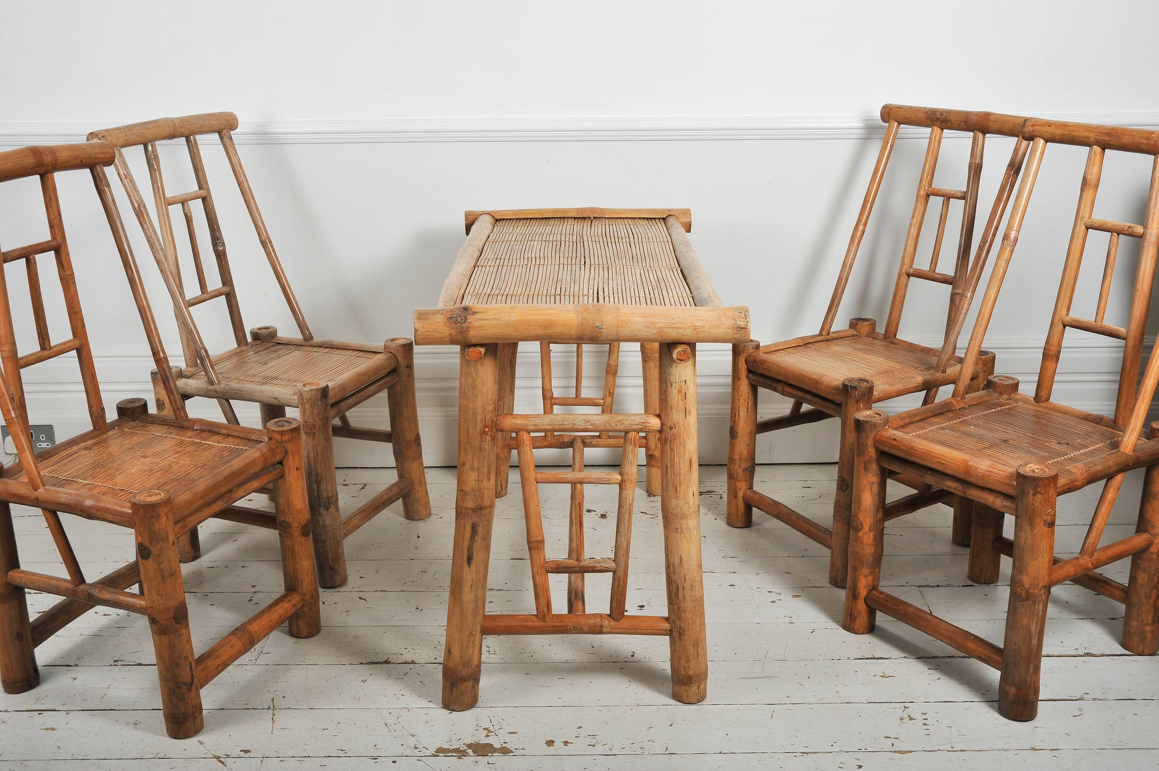 20th Century Quirky French 1950s Set of Bamboo and Rattan Table with Four Chairs