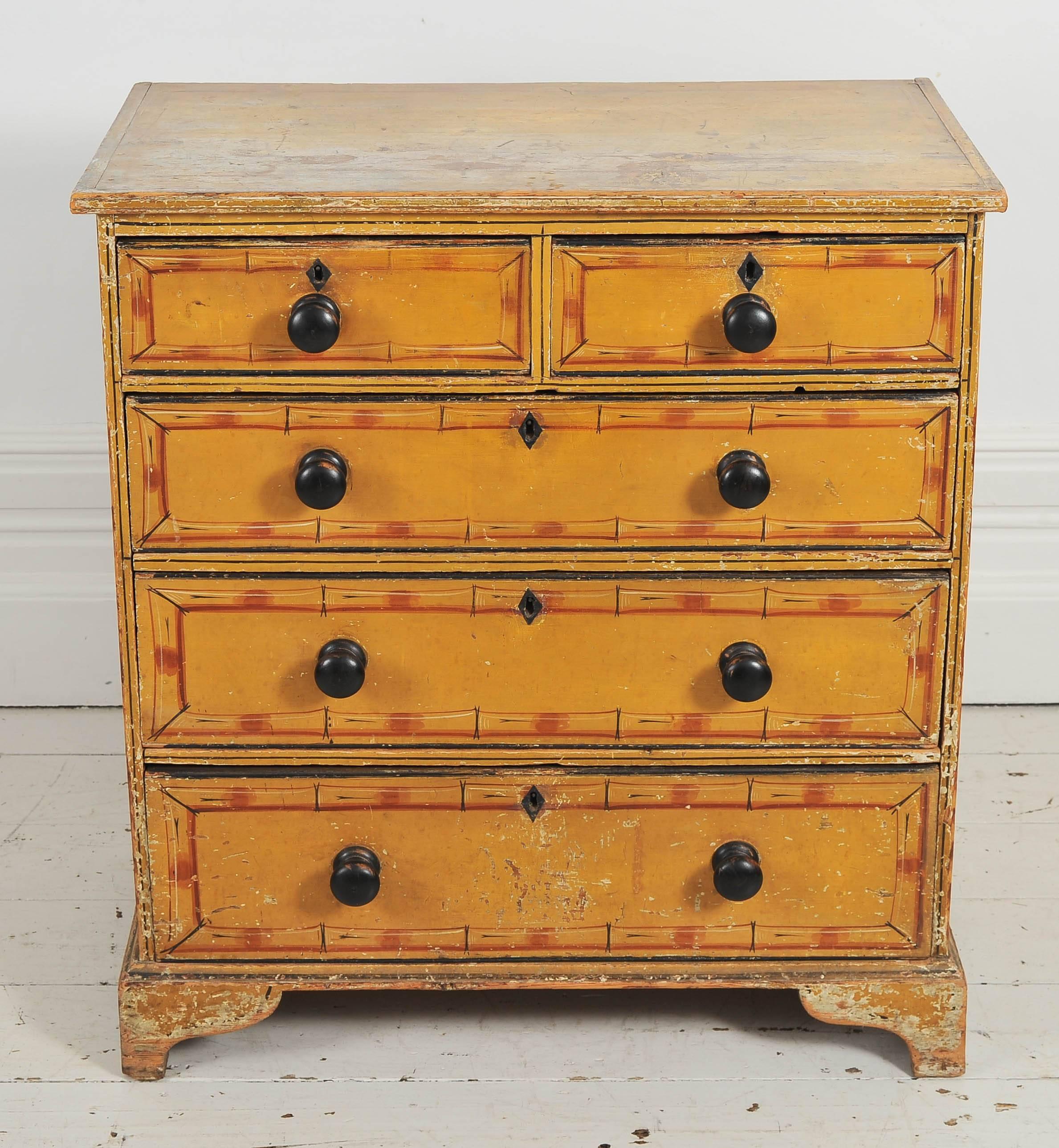 This little chest of drawers is utterly charming as well as being much sought after for it's small size. But what makes it really special is the original painted faux bamboo decoration which frames the drawers, sides and top. This is in it's