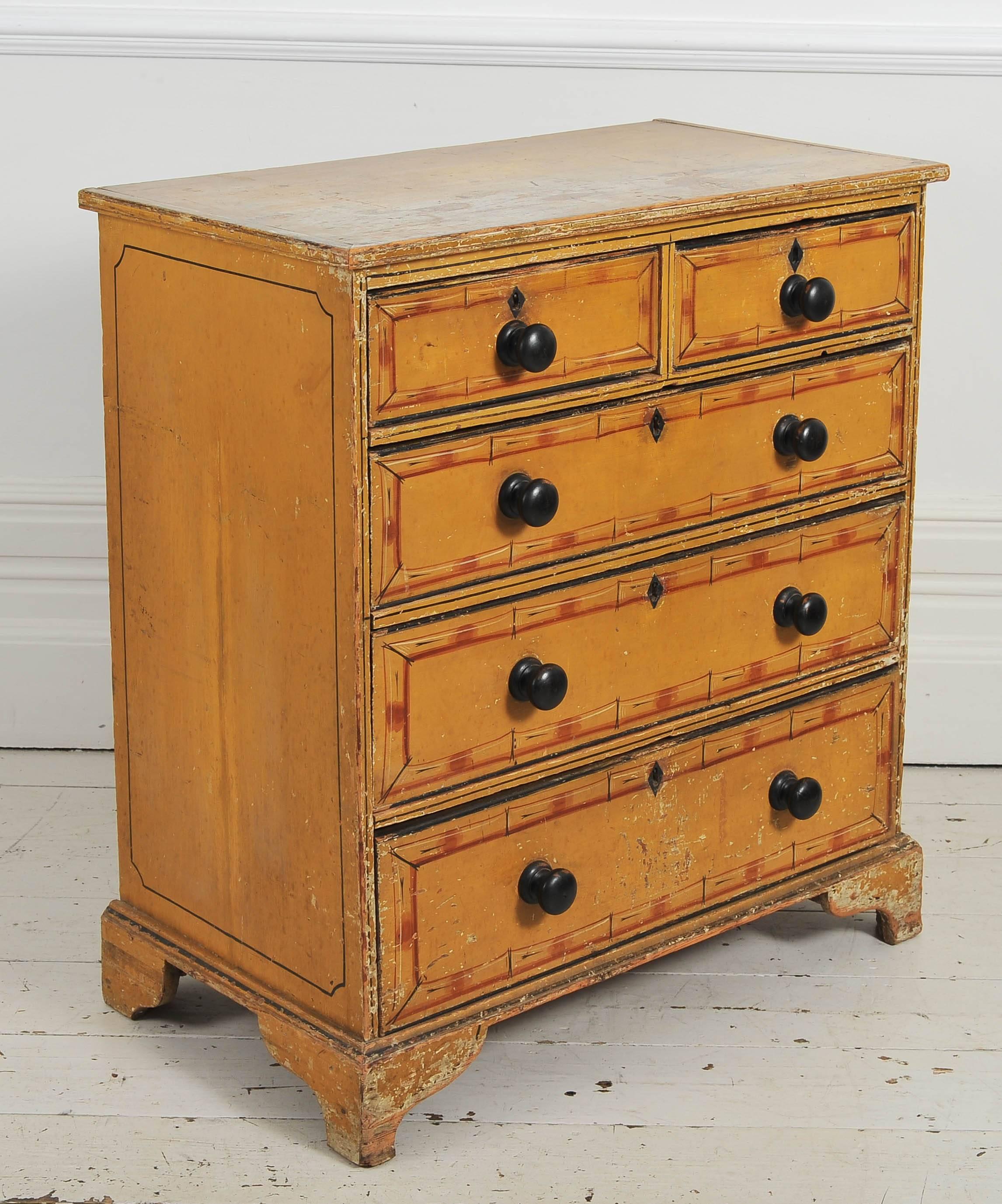 English 19th Century Small Regency Painted Faux Bamboo Chest of Drawers