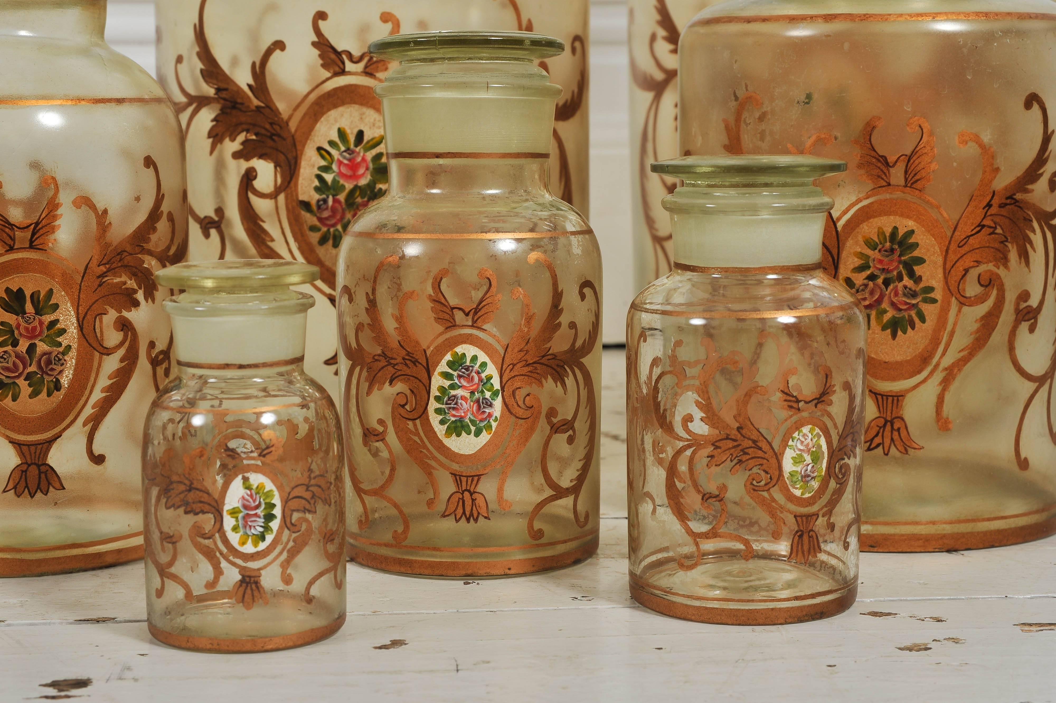 Edwardian Set of Seven Hand-Painted French Apothecary Jars