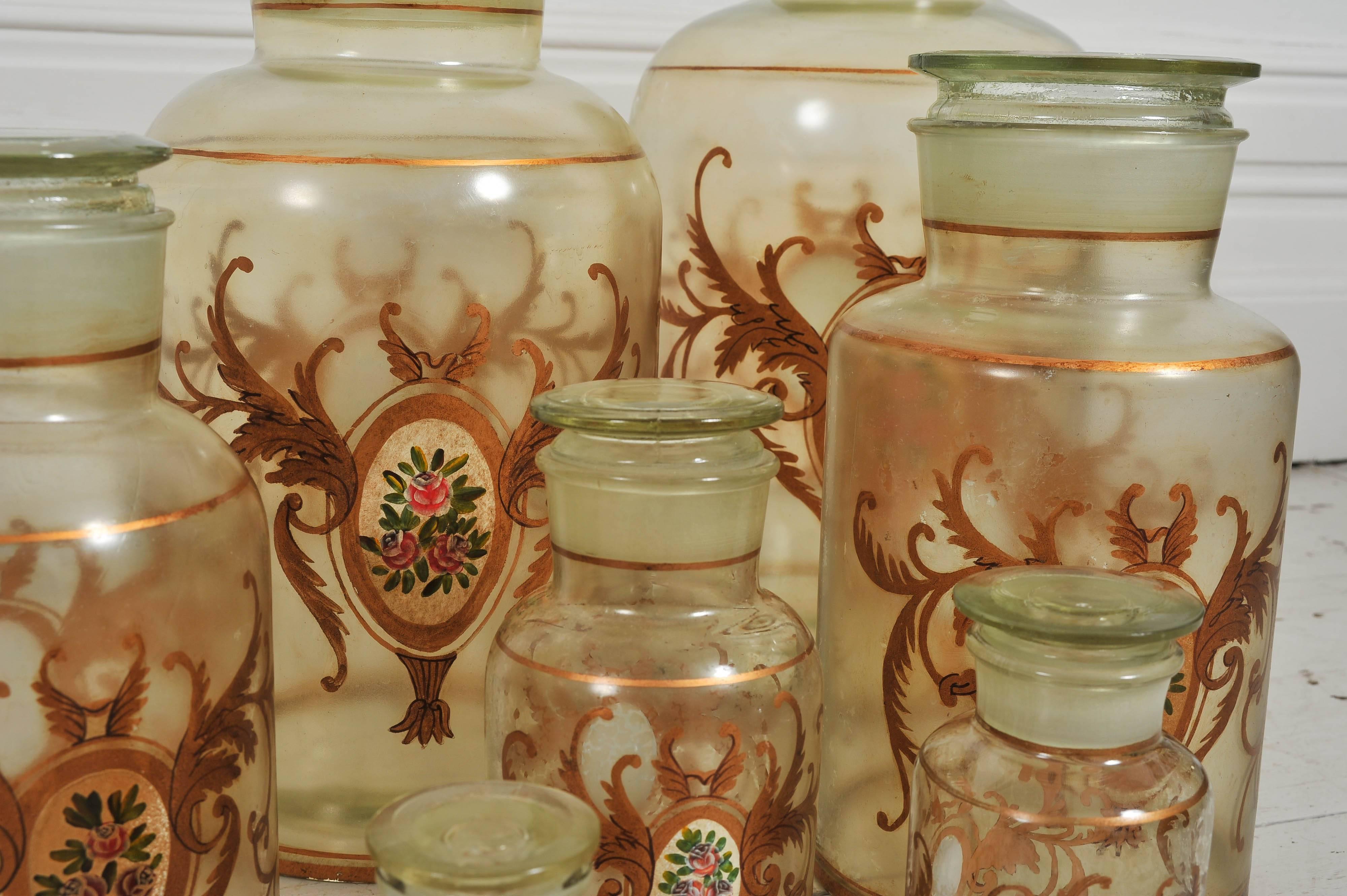 20th Century Set of Seven Hand-Painted French Apothecary Jars