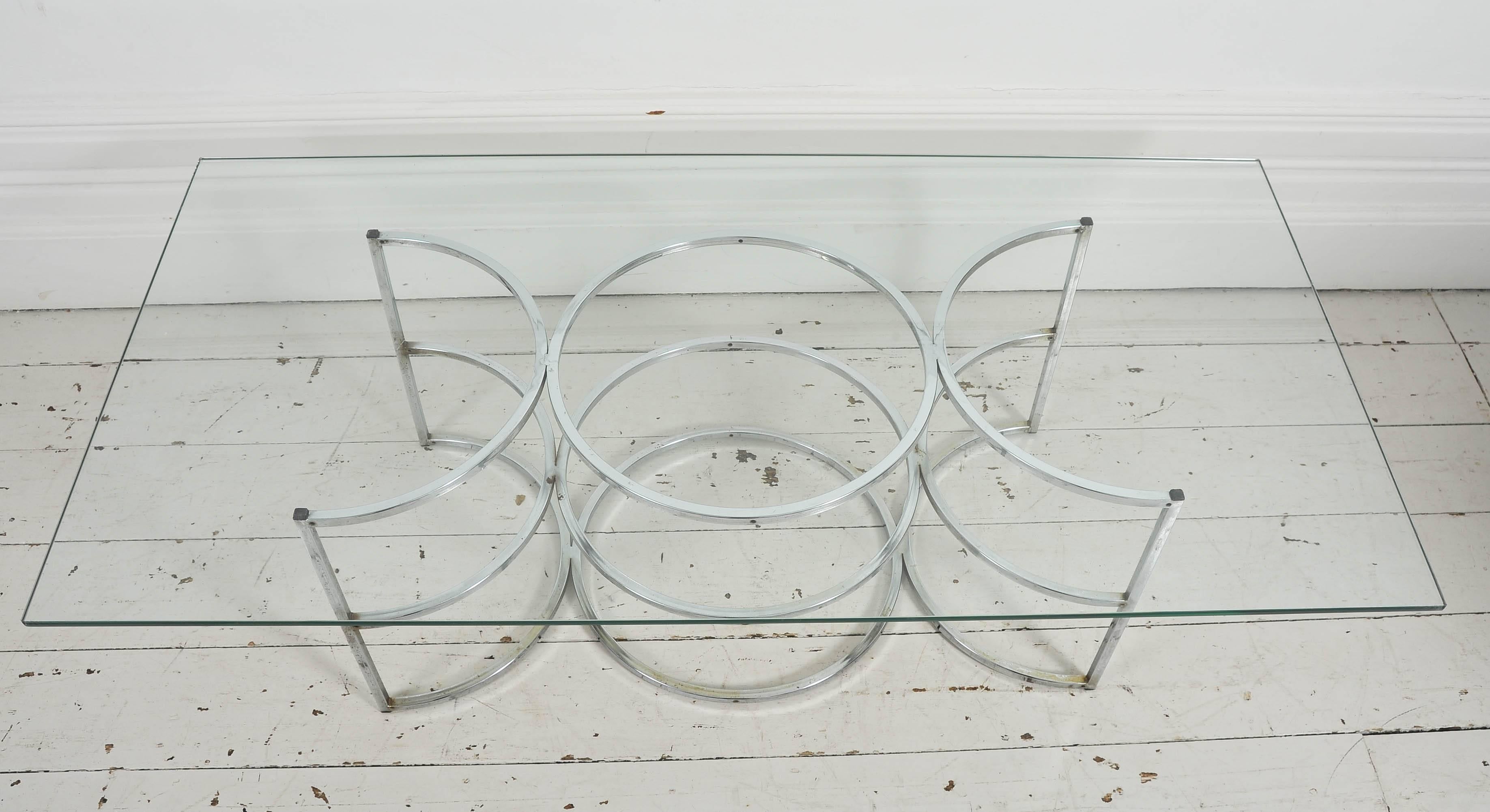 Mid-Century Modern French 1960's Coffee Table with Chrome Circle Base and Glass Top For Sale