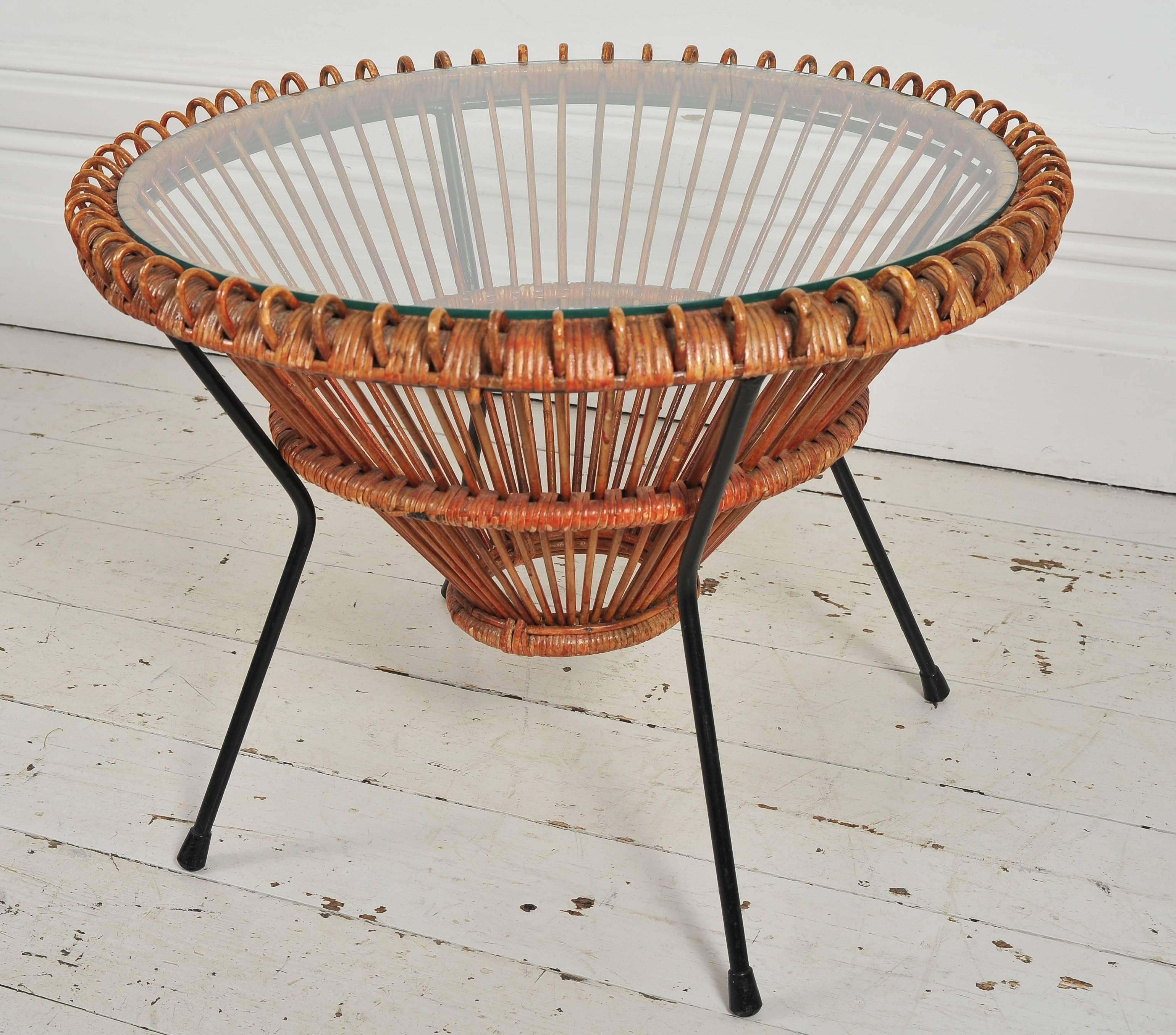 1950s Rattan Table with Glass Top on Tripod Legs by Franco Albini 2